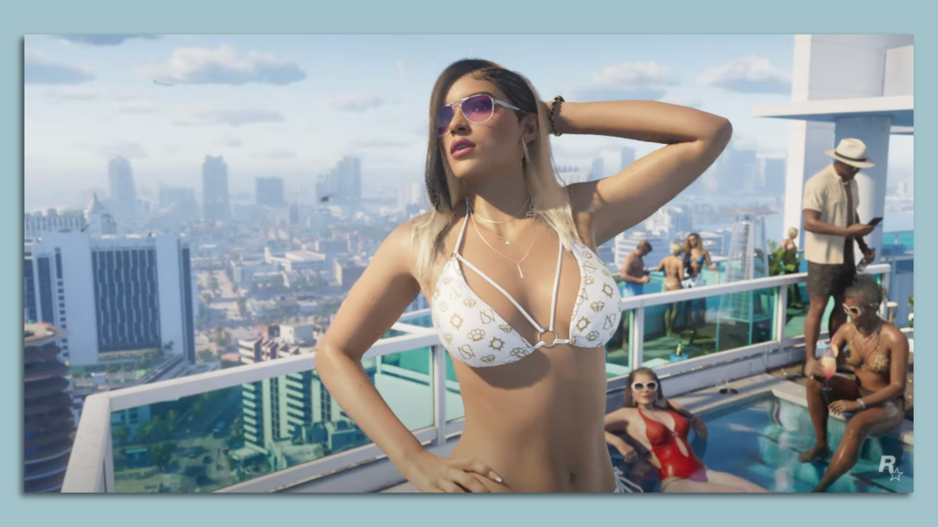 A video game screenshot depicts a woman in a bikini posing in front of the Miami skyline.