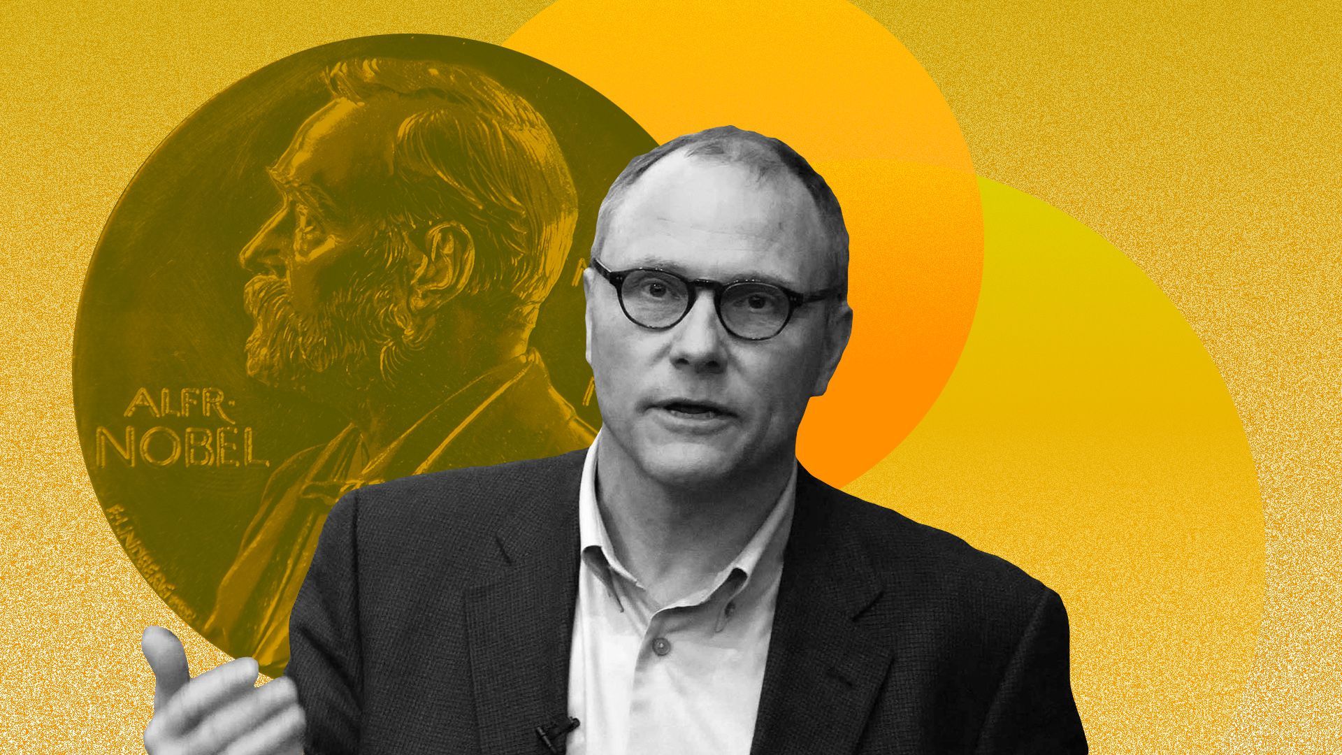 Photo illustration collage of David Card surrounded by the Nobel Prize medal and other graphic shapes