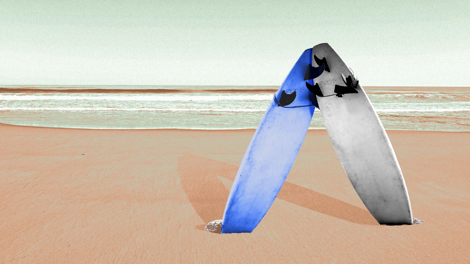 Illustration of two surfboards, one blue, one white, stuck in the sand on a beach, arranged to form the Axios A logo.