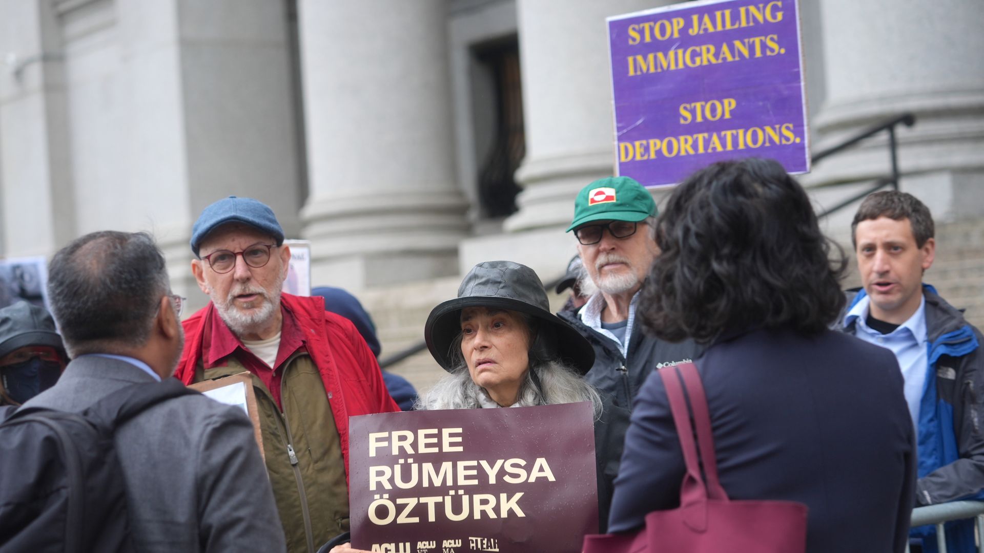 People take part in a rally and a protest in solidarity with Rumeysa Ozturk and Mohsen Mahdawi outside New York Federal Court as the court hears the U.S. government request to appeal the decisions in their cases in New York, United States on May 06, 2025. (Photo by Selcuk Acar/Anadolu via Getty Imag