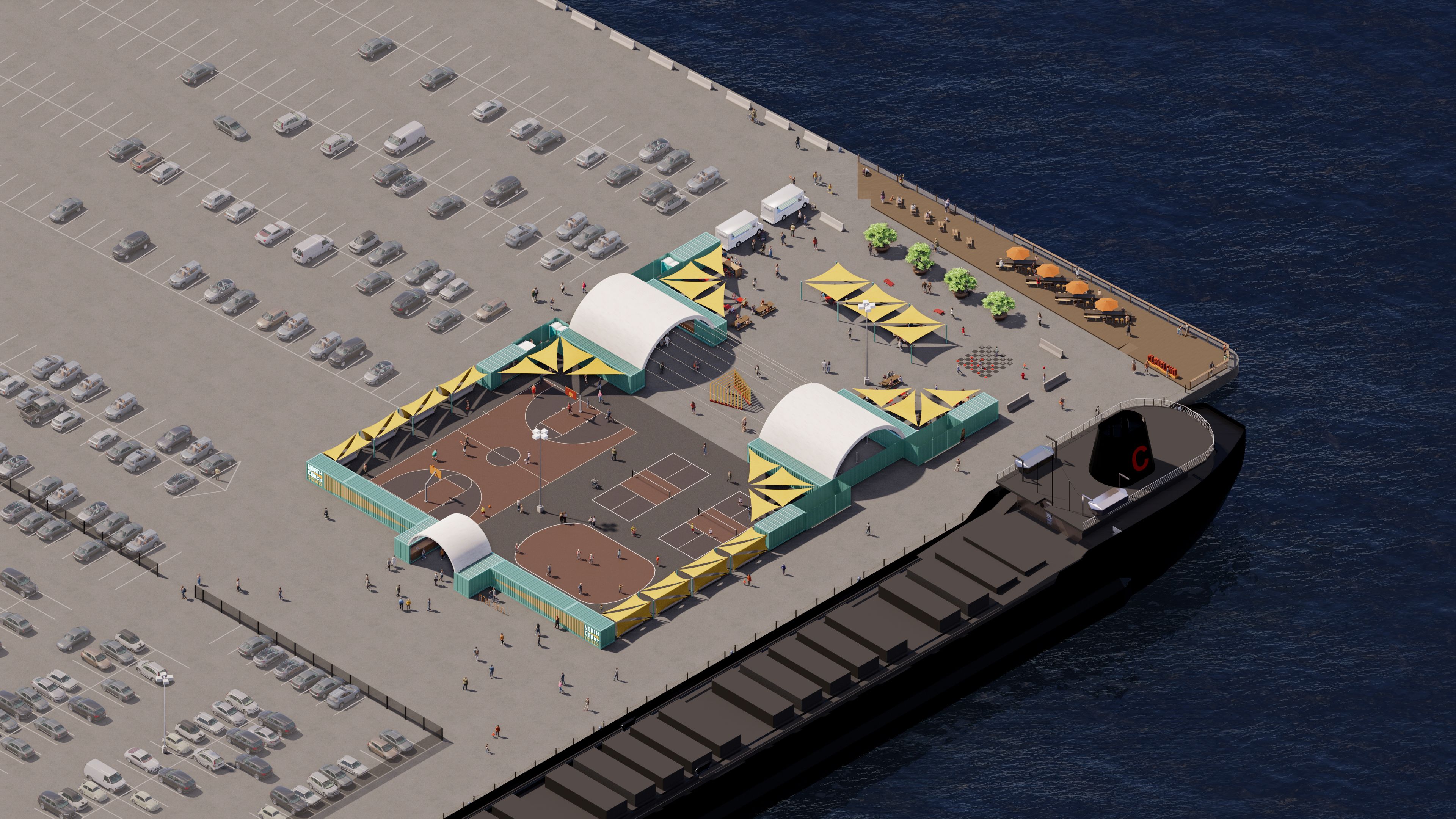 Rendering of parking lot with basketball courts and trees