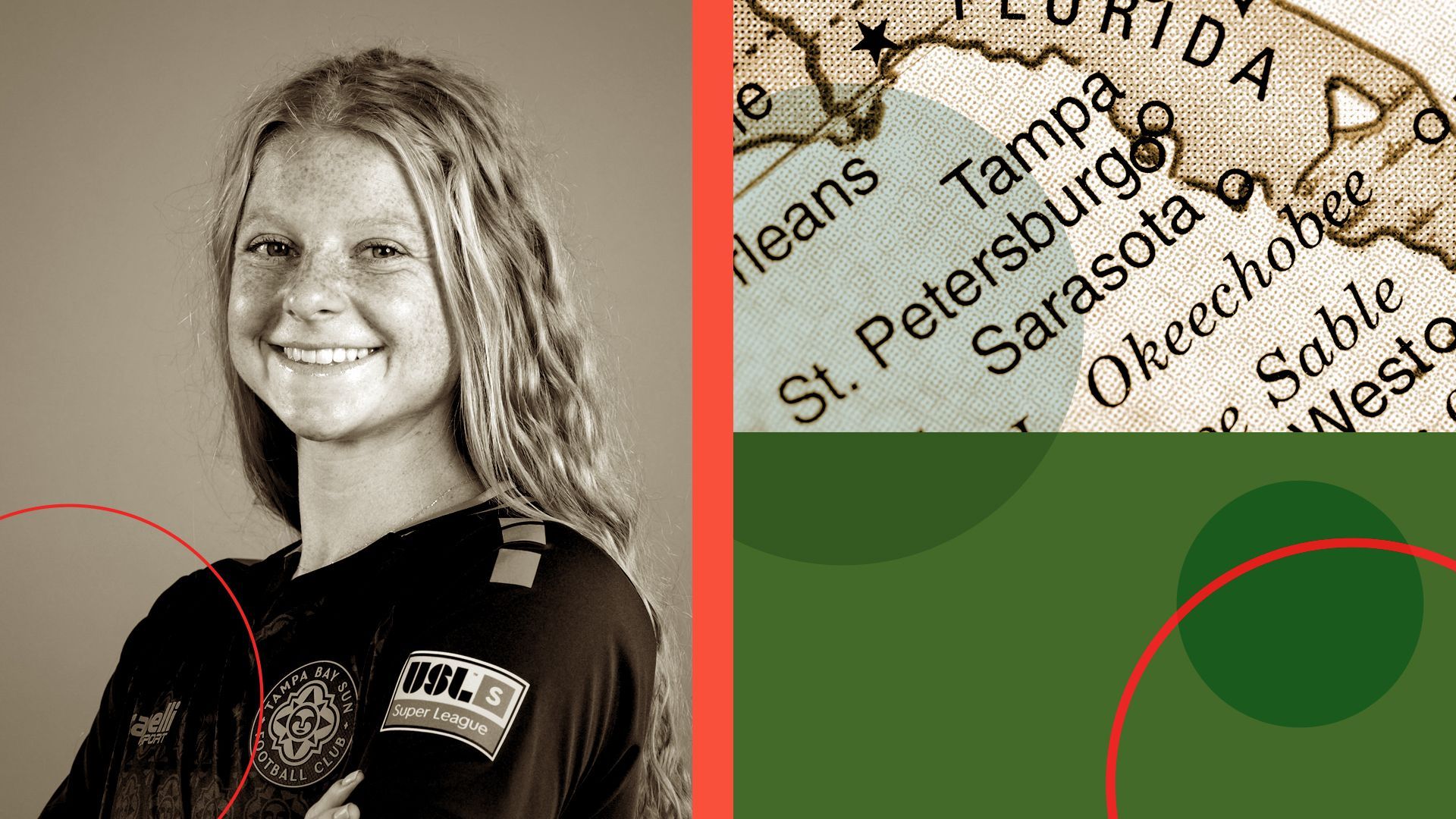 Photo illustration of Riley Parker, a member of Tampa Bay’s first-ever women’s soccer team, next to a map of Tampa