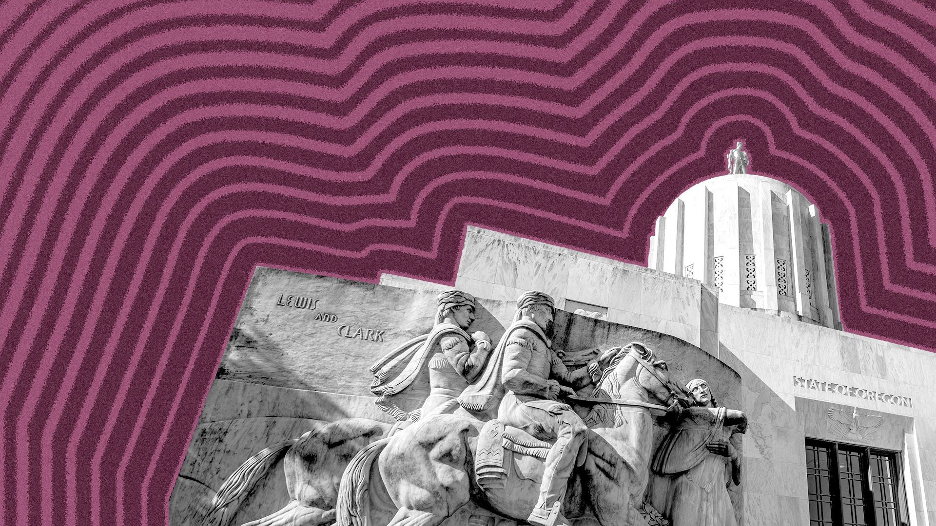 Photo illustration of the Oregon State Capitol with lines radiating from it. 