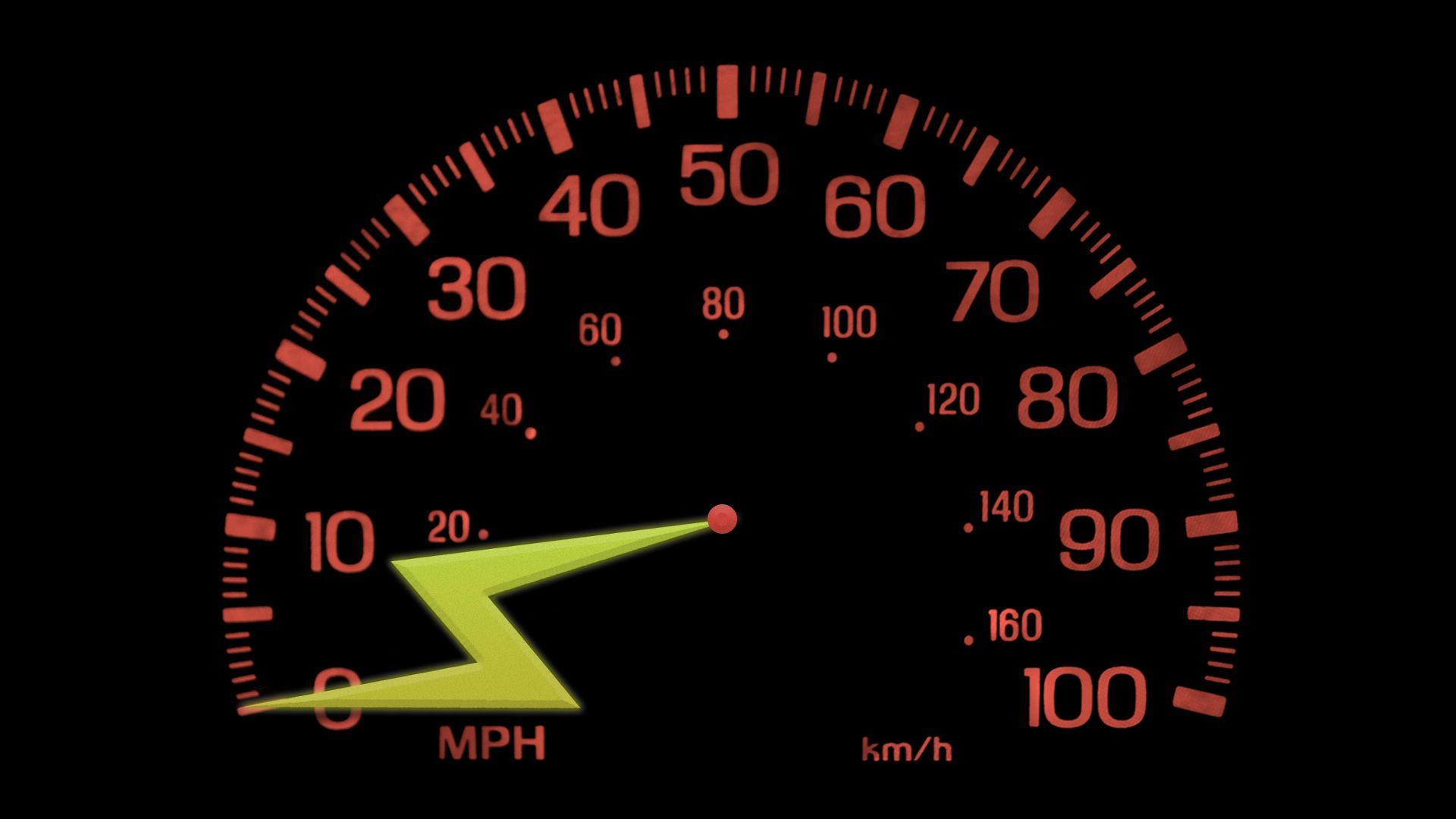 Illustration of a speedometer with a lightning bolt pointing to 0 mph