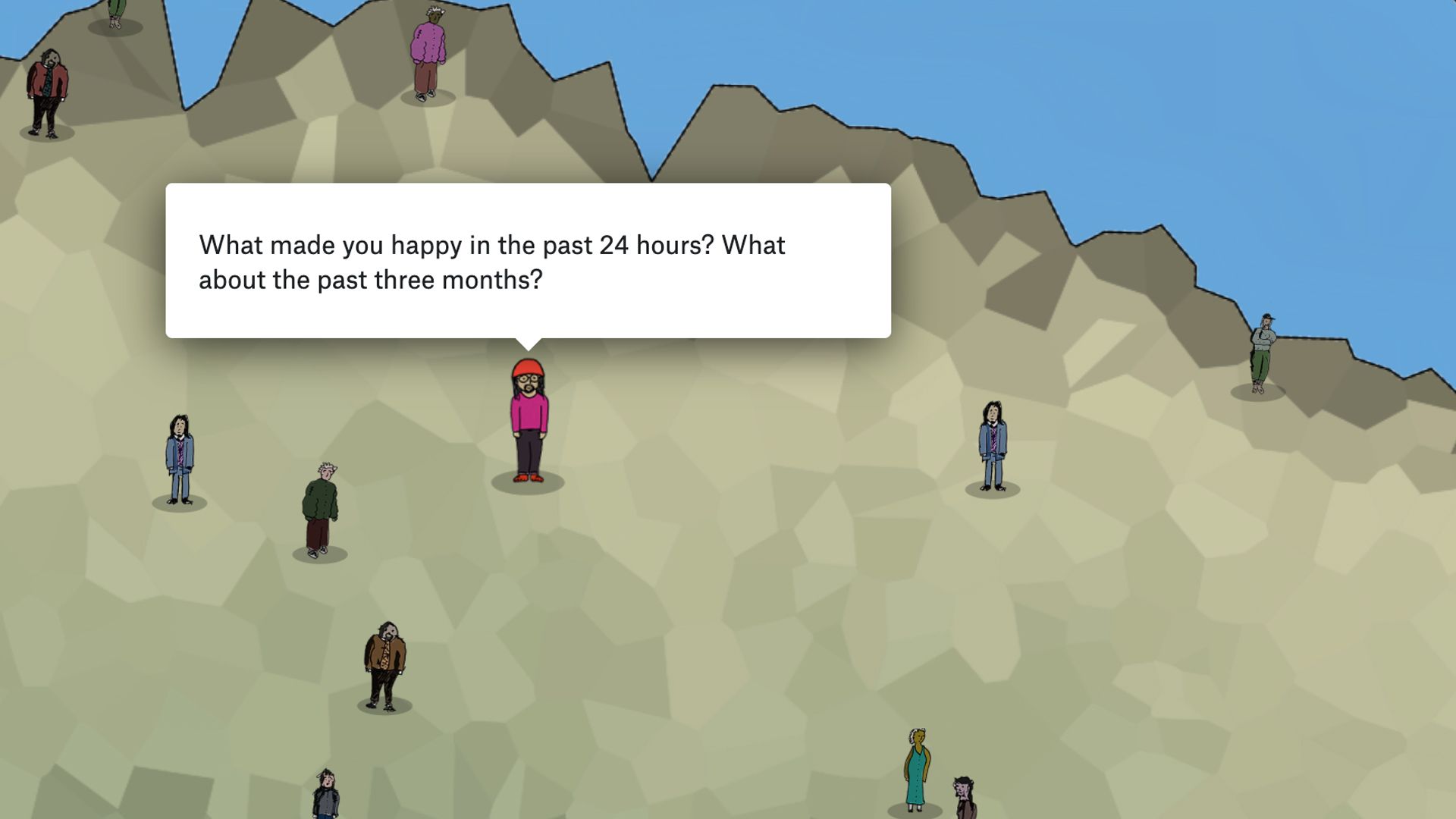 Cartoon landscape with beige polygonal mountains and a blue sky. Several people stand around a large white speech bubble that reads, "What made you happy in the past 24 hours? What about the past three months?"