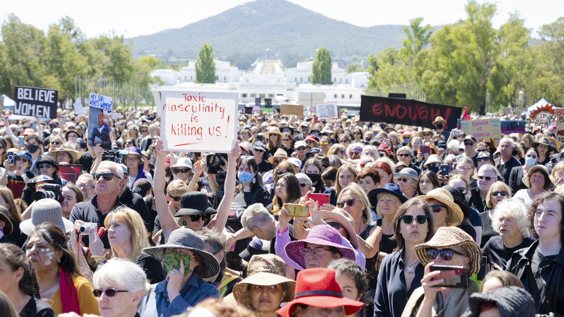 Protests attend the Womens March 4 Justice Rally on March 15, 2021 in Canberra, Australia. 