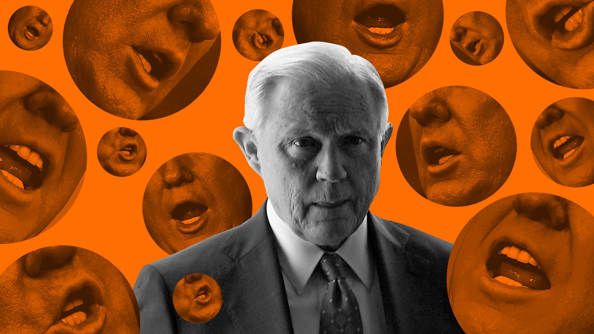 Jeff Sessions surrounded by bubbles containing Trump's mouth