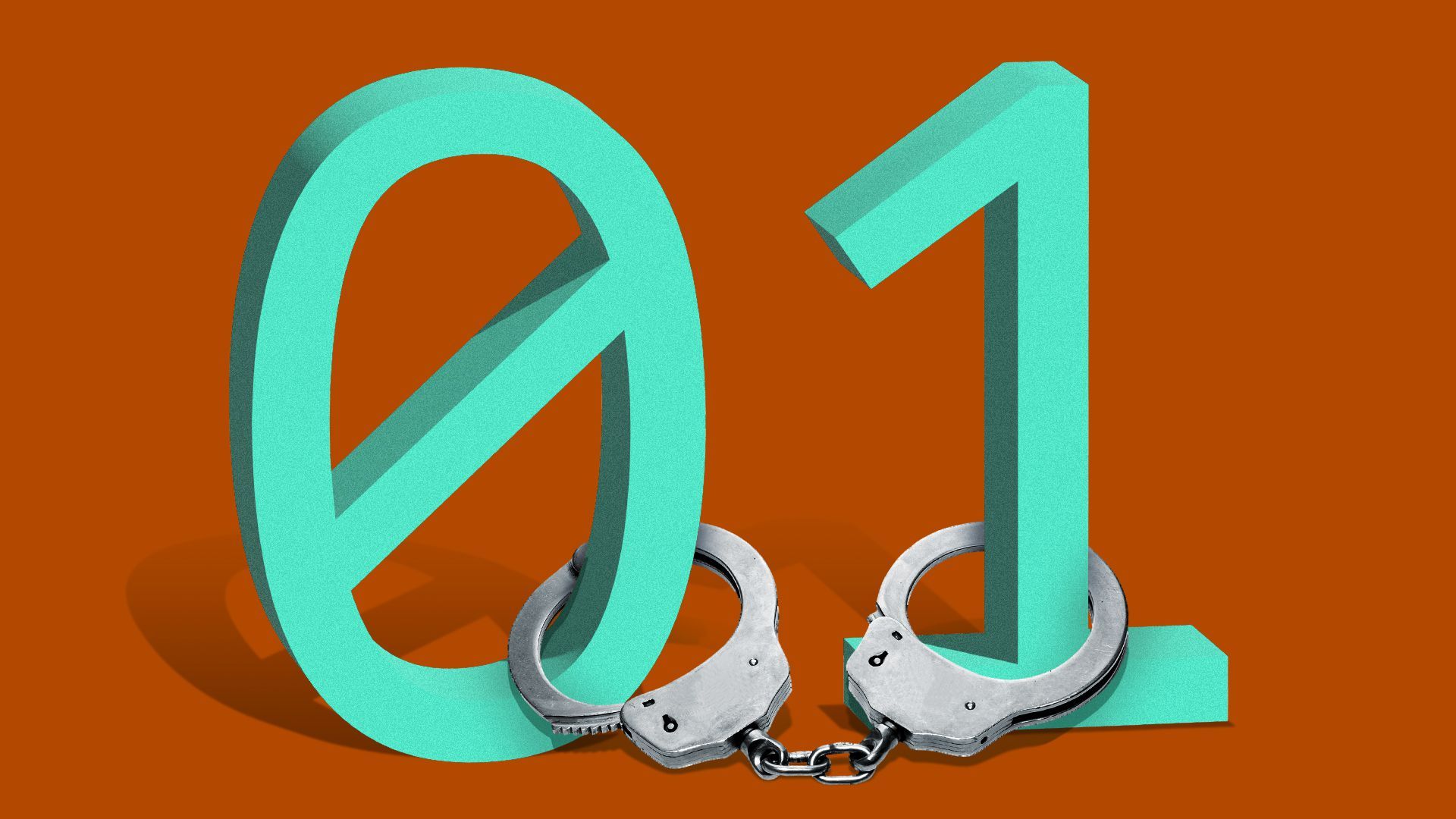 Illustration of a pair of handcuffs on 0 and 1 binary code numbers.