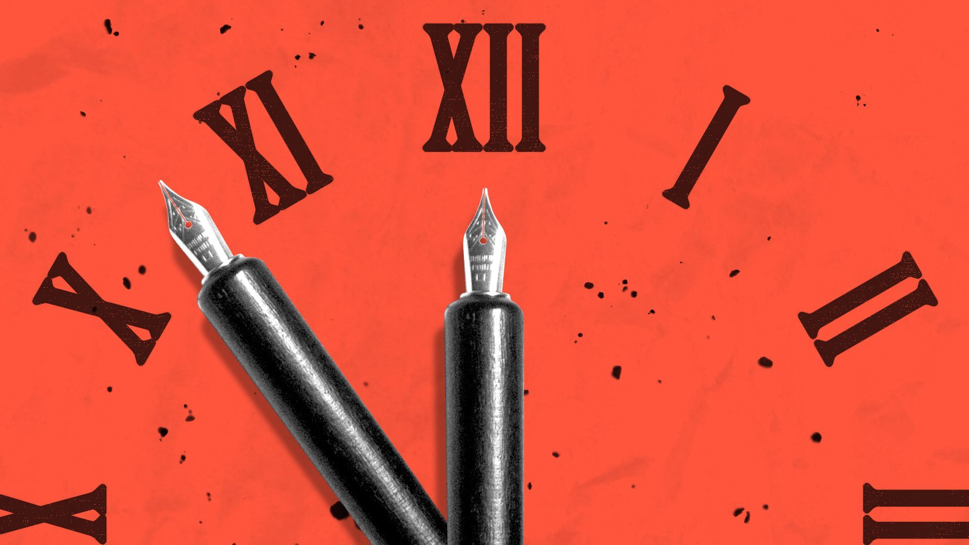 Illustration of a clock face with fountain pens for hands, with ink drops scattered around.