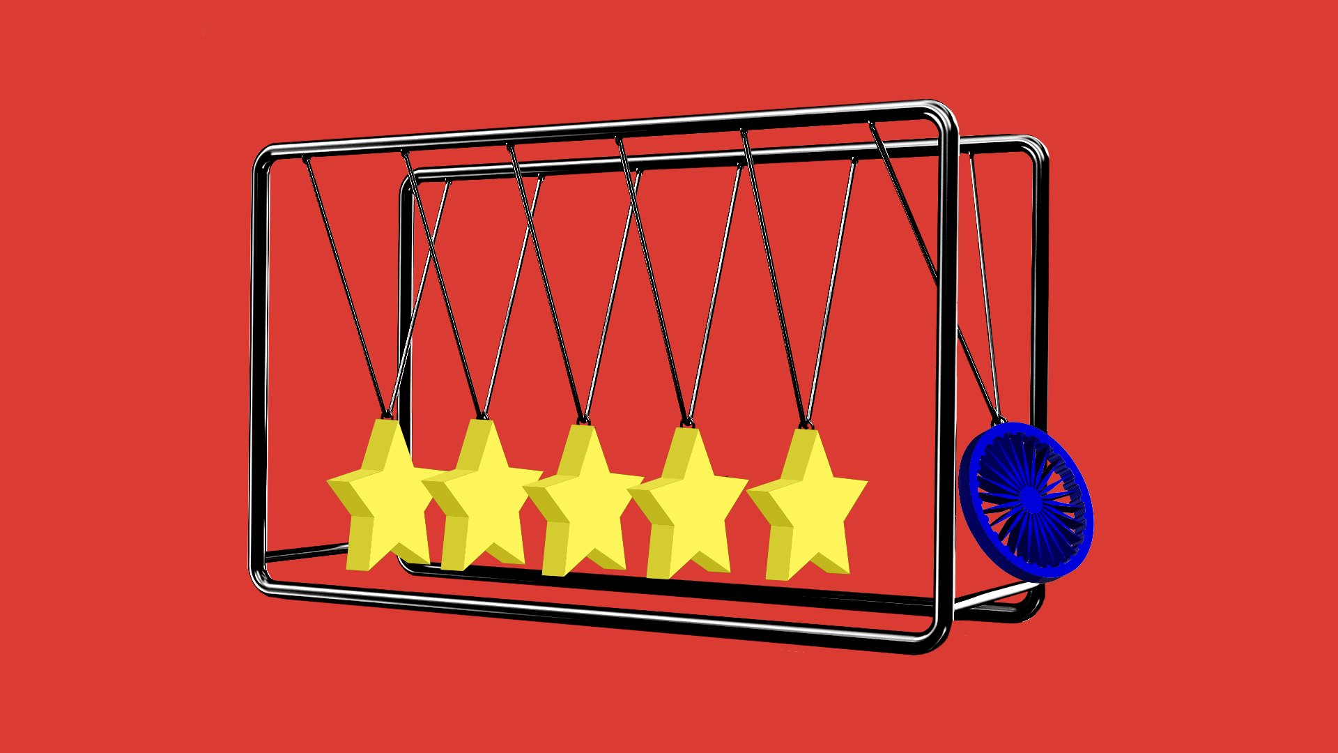 A pendulum toy in front of a Chinese flag