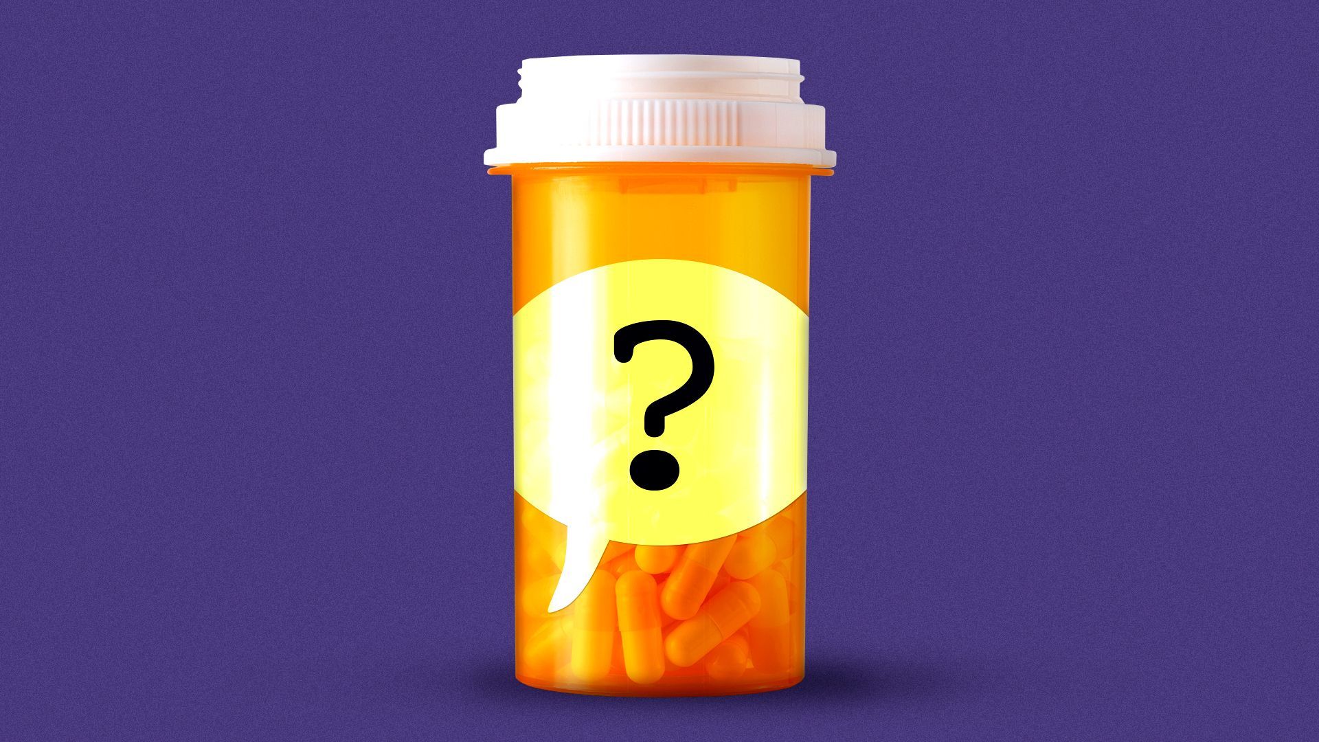 Illustration of a prescription pill bottle with a speech bubble-shaped label showing a large printed question mark.