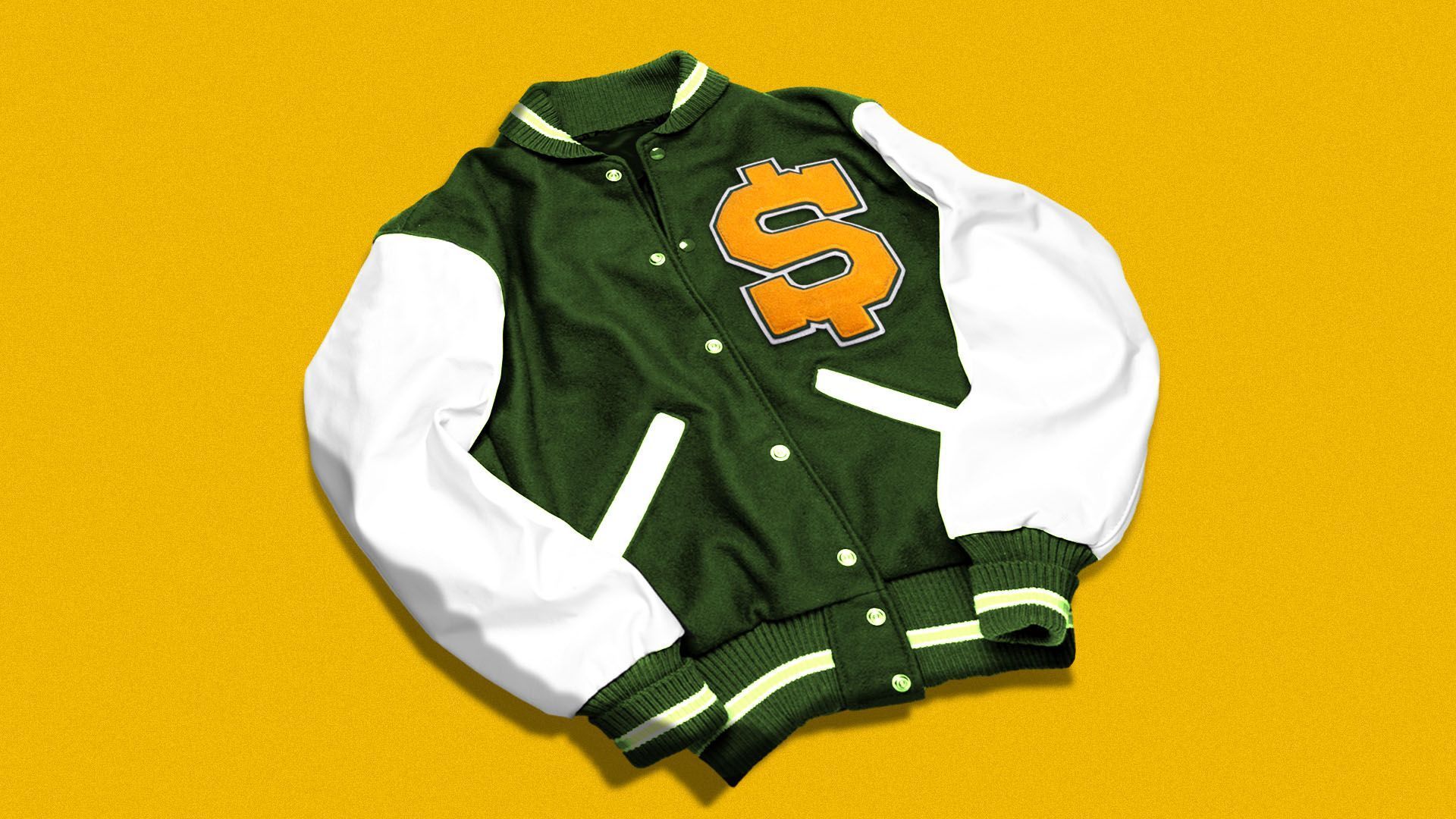 A varsity jacket with a dollar sign printed on it.
