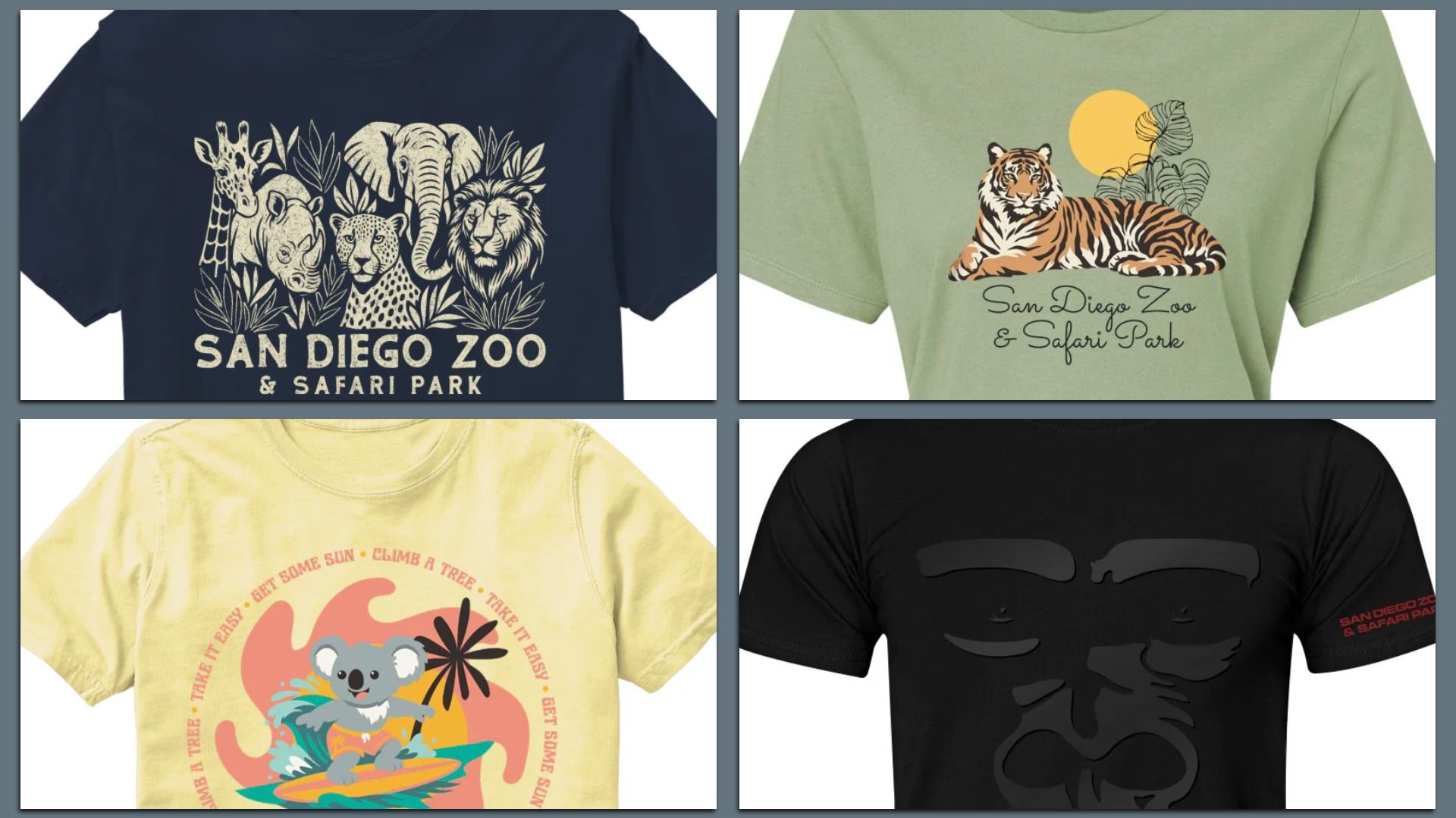 Four T-shirts in a grid: navy with beige safari animals and "San Diego Zoo & Safari Park"; sage green with tiger and sun; pale yellow with a koala surfing design; black with a large skull motif.