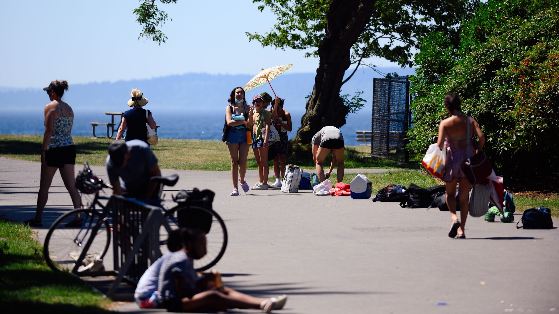 People gather around the entrance to Colman Pool with Puget Sound in the background.