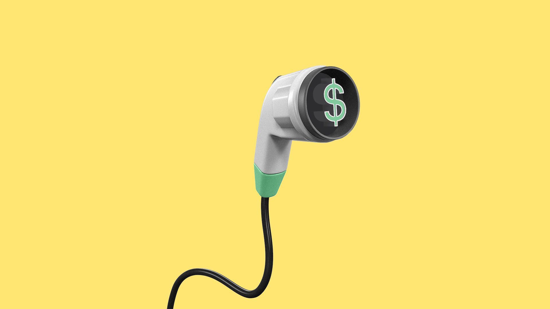 Illustration of an electric car charging pump with a dollar bill as the prong.