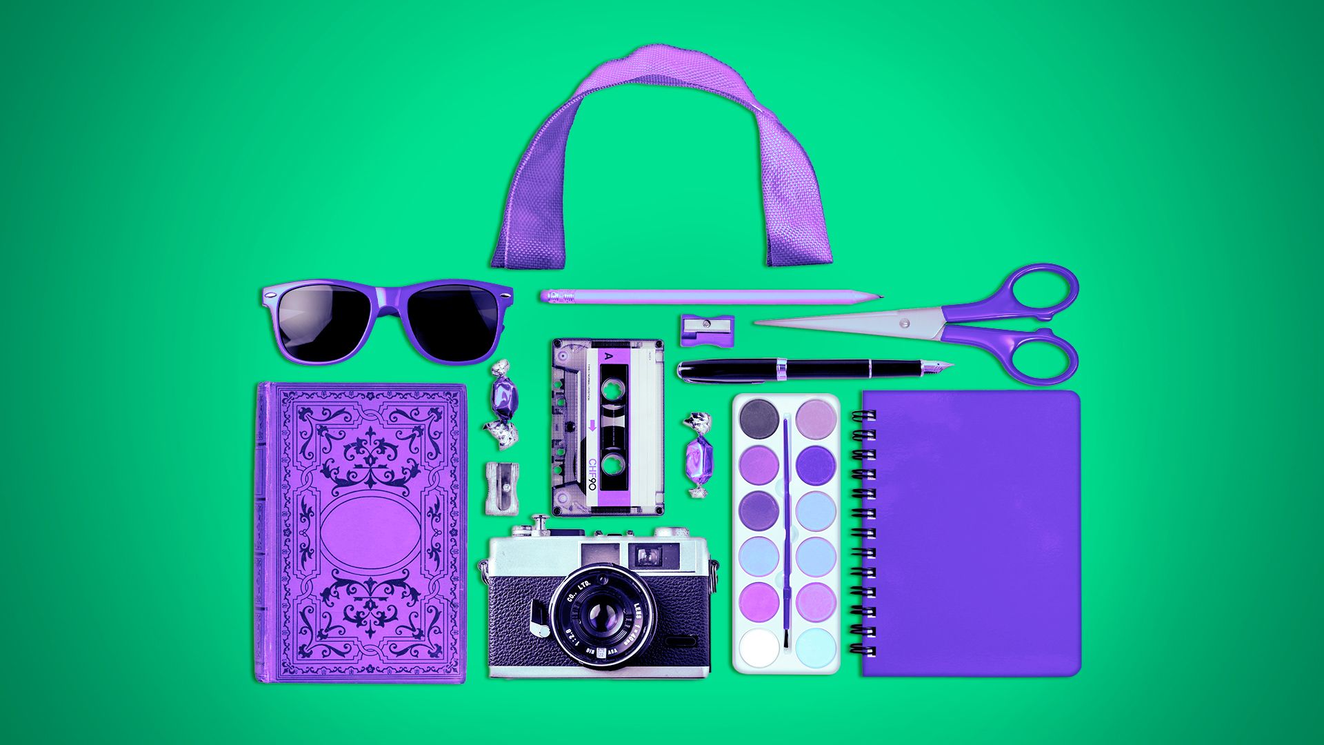 Illustration of various items in the shape of a tote bag including a pencil, a notebook, sunglasses, a book, a film camera, a cassette tape, and a pair of scissors.