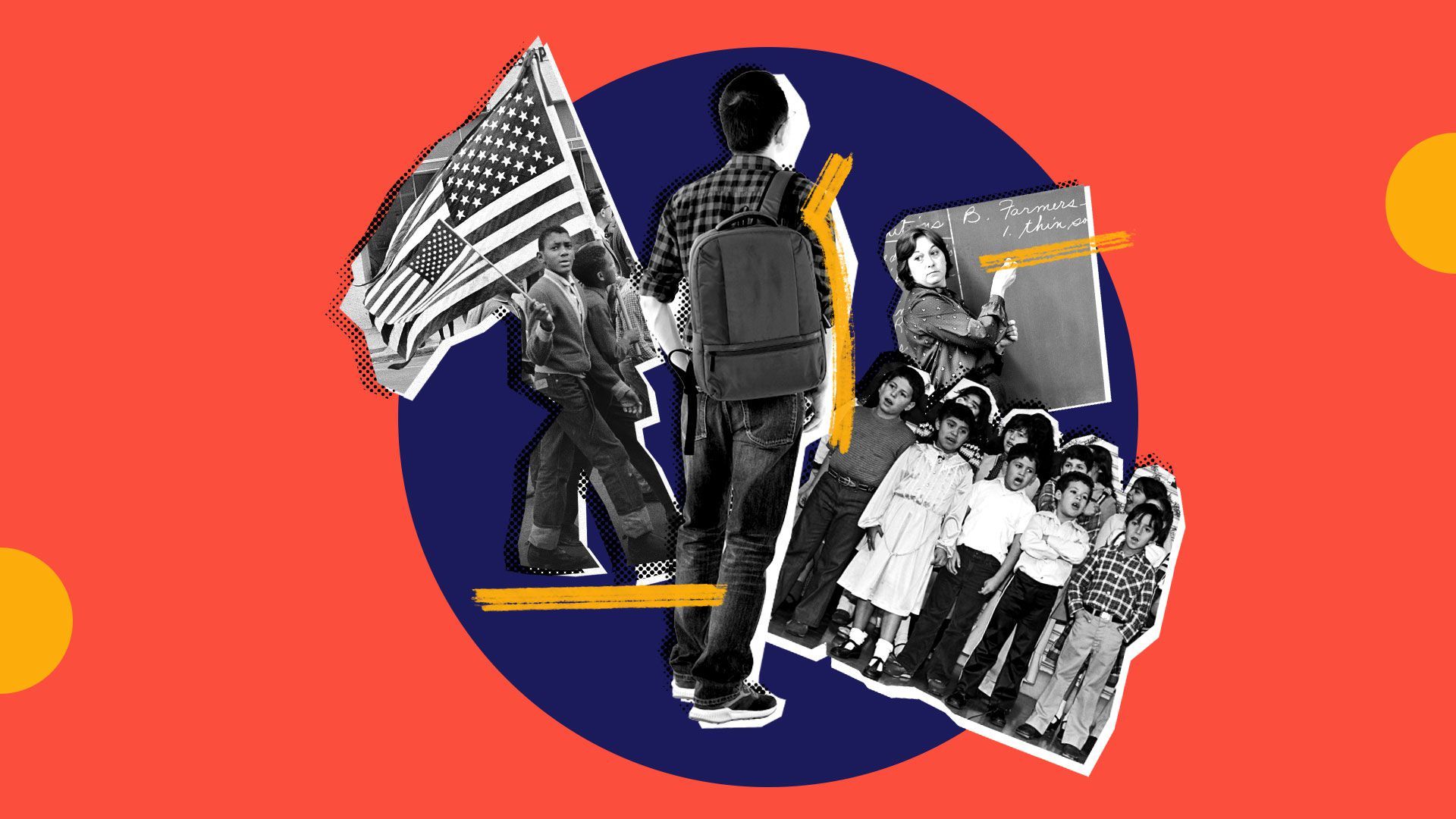 Photo illustration of children waving the US flag, singing children, student with a backpack, and teacher writing on a blackboard