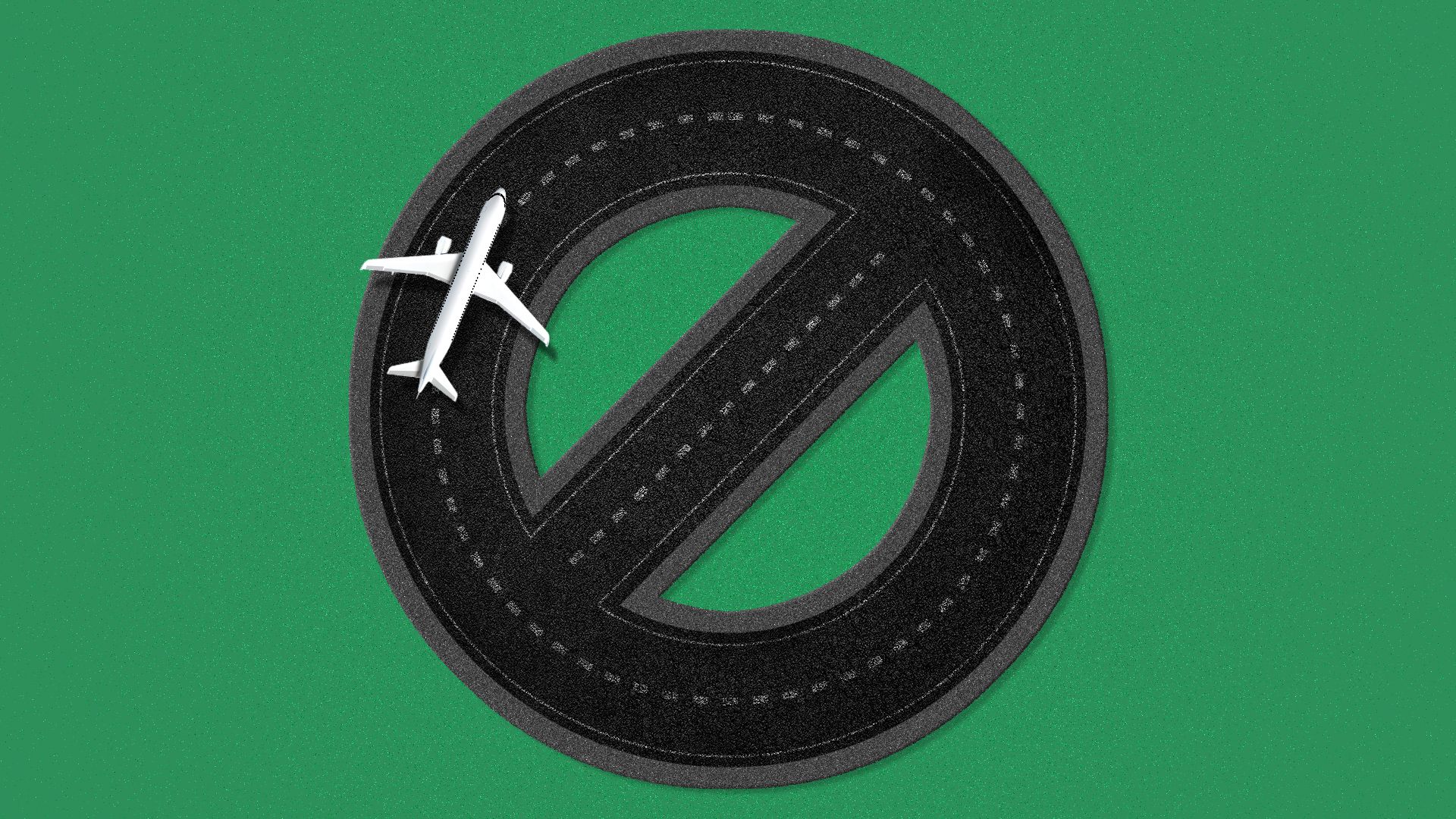 Illustration of an airplane on a runway shaped like a "no" symbol.