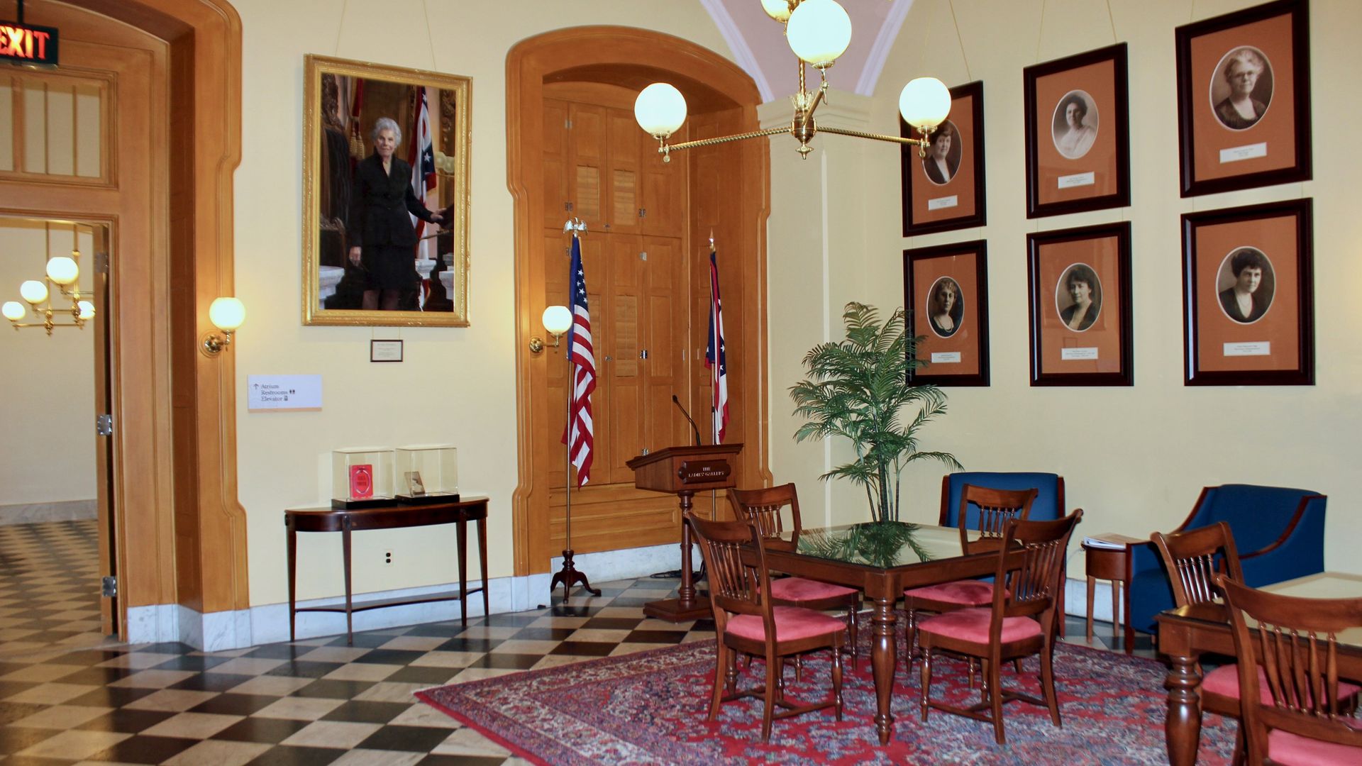 An overview of the Ohio Statehouse's Ladies Gallery, featuring portraits of Ohio's six first women state lawmakers and Jo Ann Davidson, Ohio's first woman Speaker of the House
