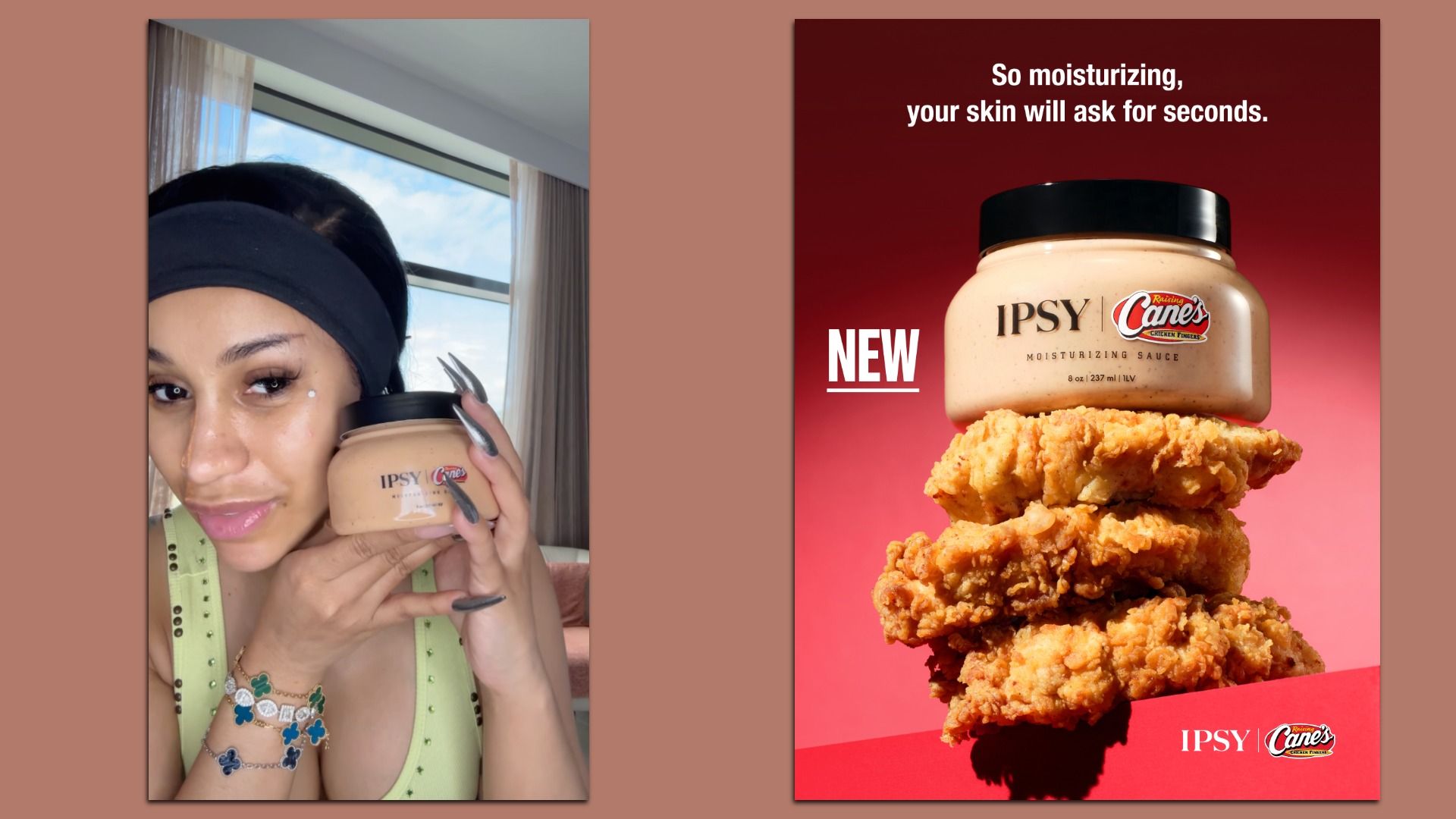 In side by side photos, Cardi B poses next to a jar of Ipsy and Raising Canes sauce "moisturizer" and an ad for the product that says "So moisturizing, your skin will be asking for seconds."