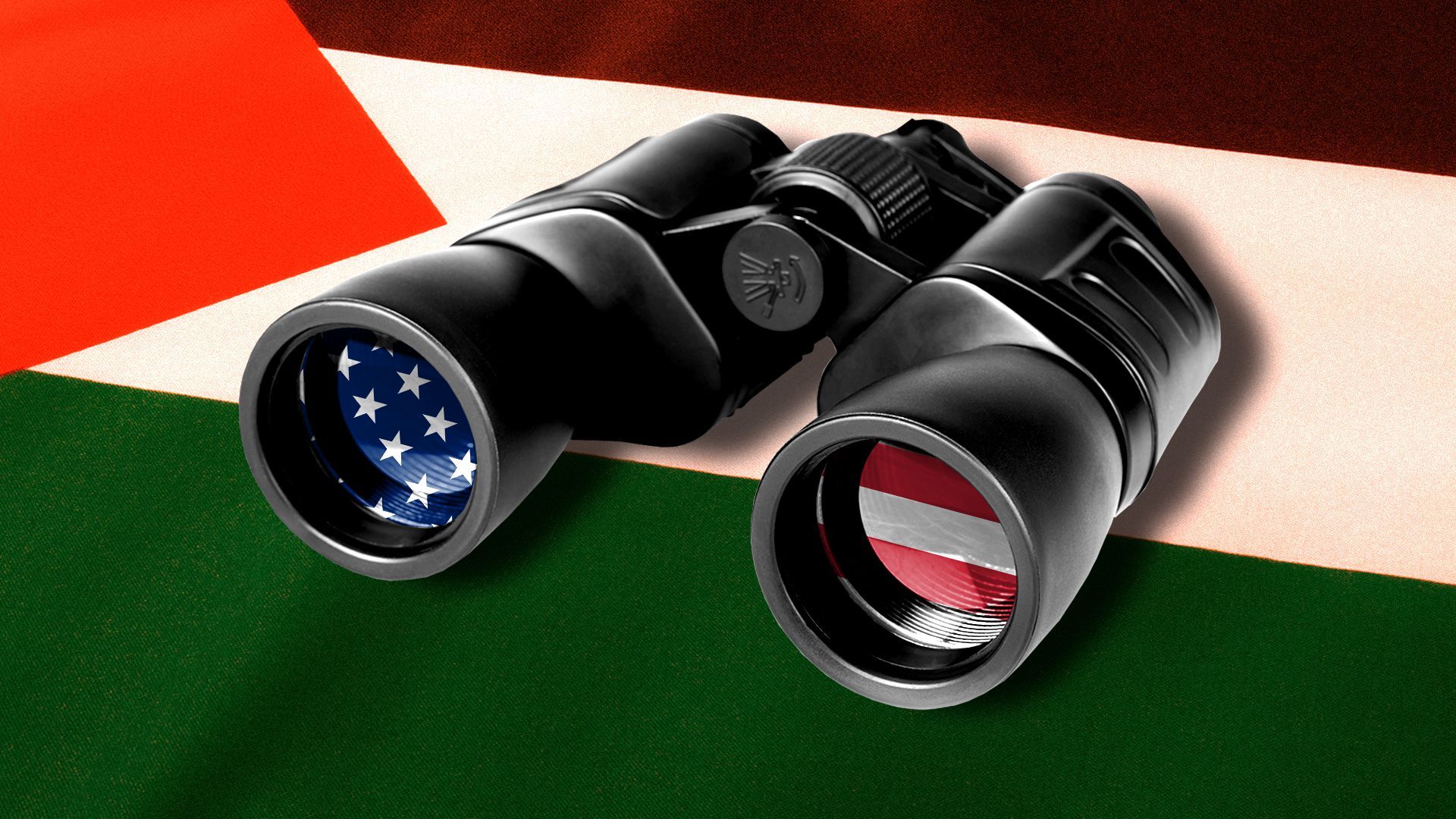 Illustration of binoculars resting on the Palestine flag, reflecting the U.S. flag in the lenses