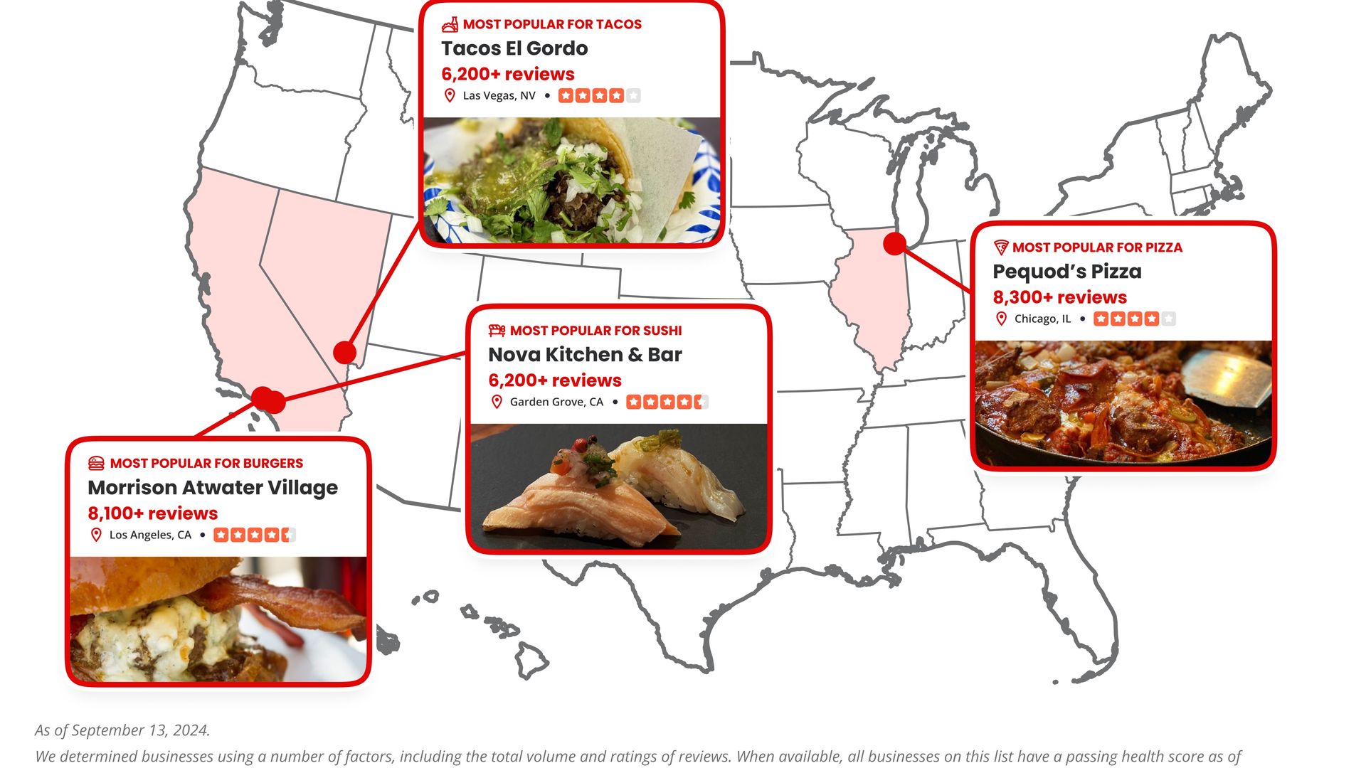 Map with pop out bubbles that have photos of food with text in red.