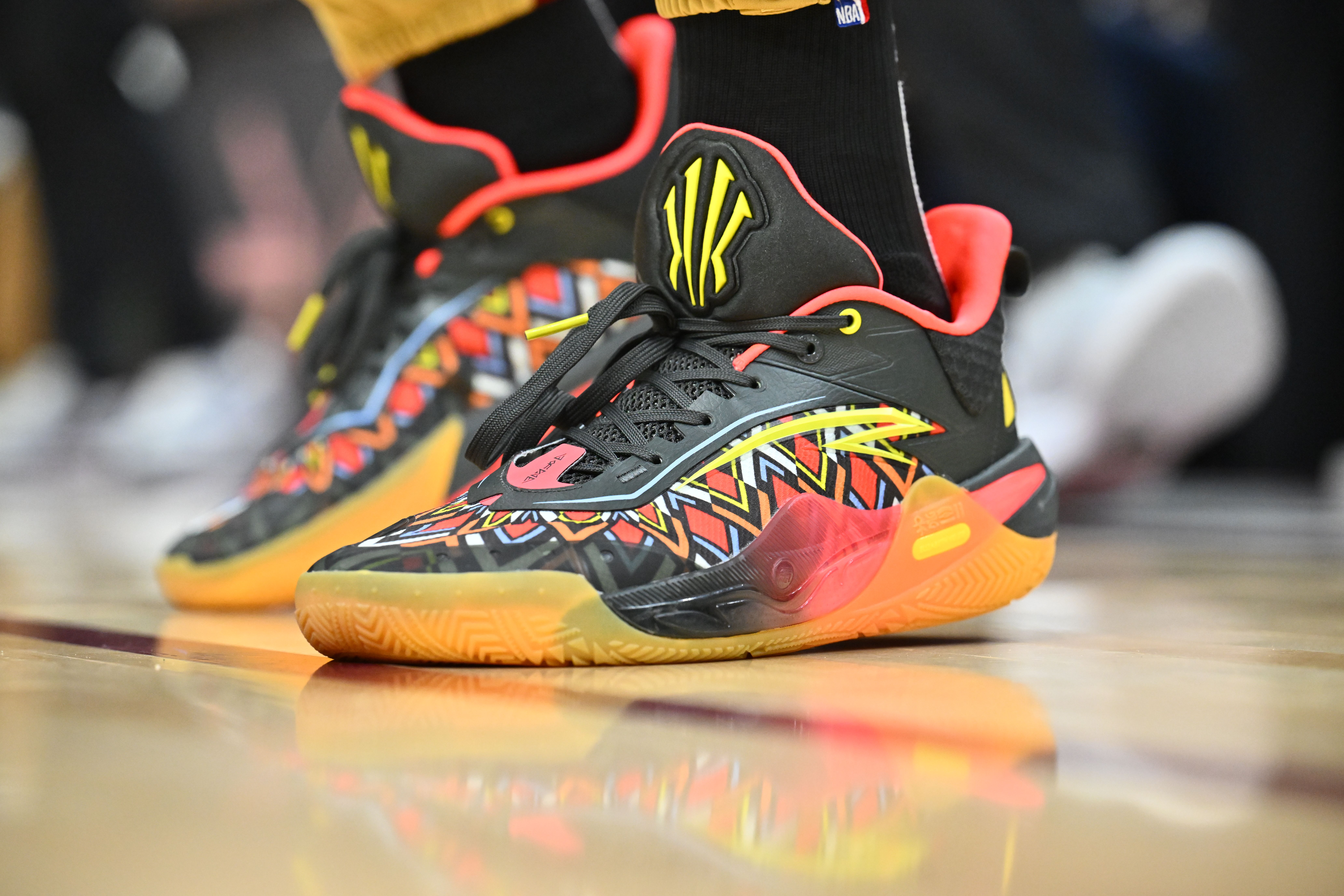 A close up of court sneakers worn by NBA player Caris LeVert. 