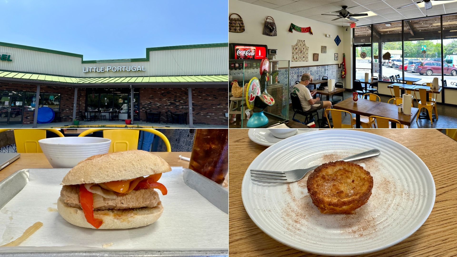 Collage of a Little Portugal restaurant exterior; bright cafe interior with Coca-Cola cooler and lunch tables; a pepper-topped burger on a tray; and a cinnamon-sugar pastry on a plate.