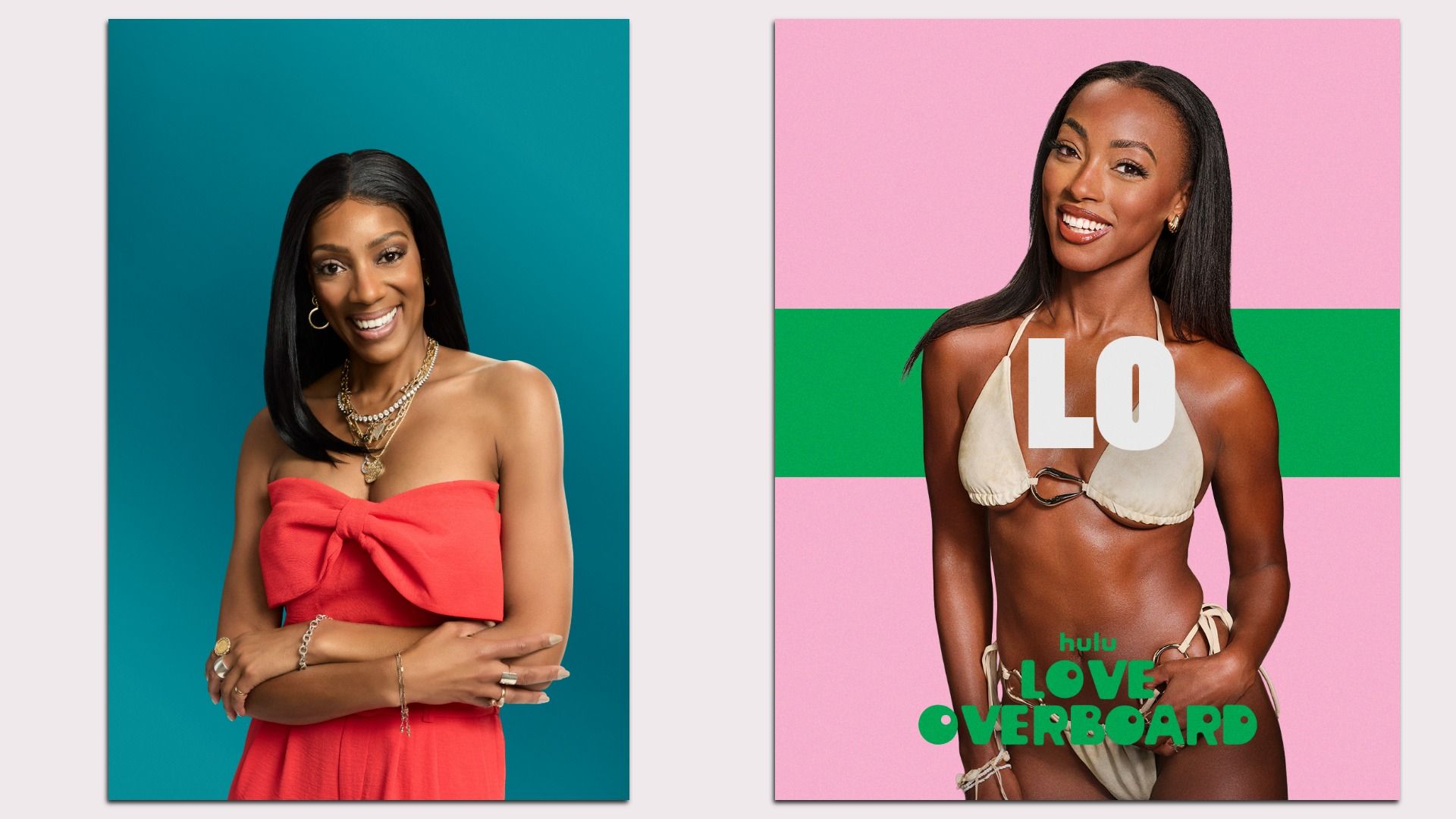 Two posters of a smiling Black woman with long hair. Left: teal backdrop, red strapless dress and jewelry. Right: pink/green backdrop, beige bikini, bold "LO" and "LOVE OVERBOARD" logo.