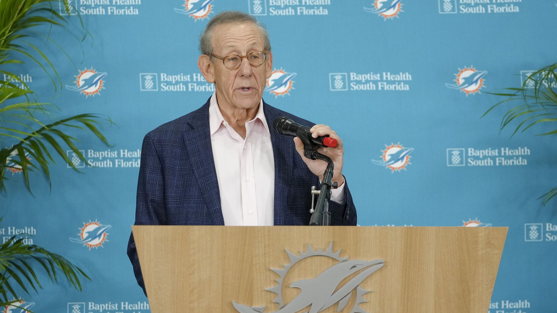 Miami Dolphins owner Stephen M. Ross talks to the media.
