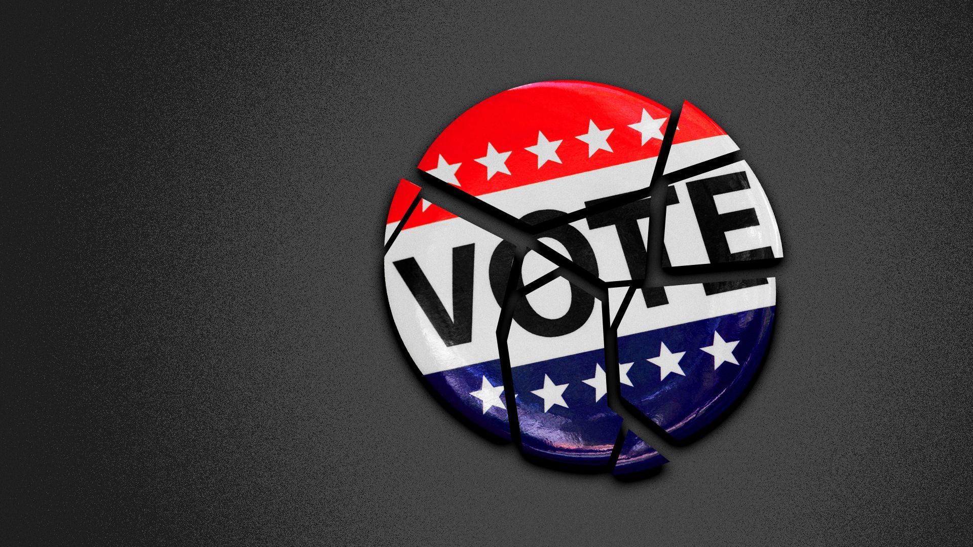 Illustration of a campaign button cracked in many pieces.