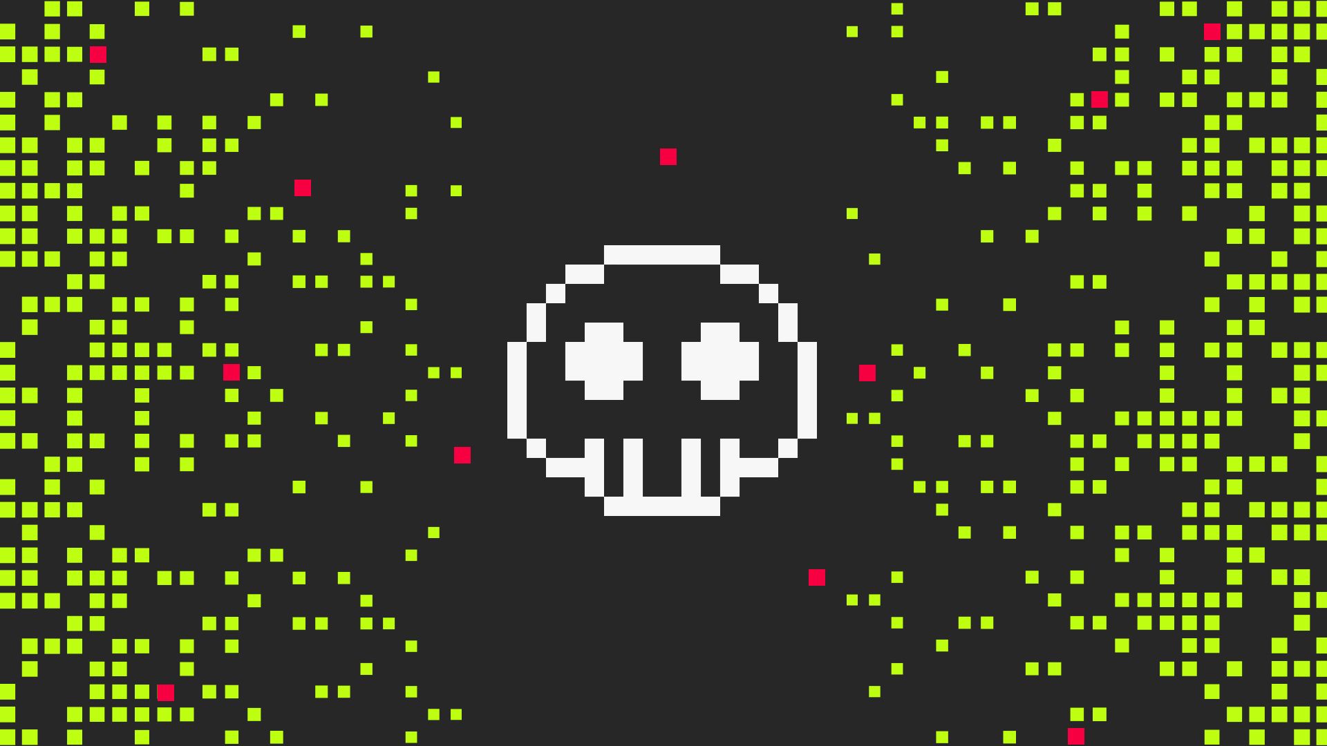 Illustration of a skull in the middle of a dark background being attached by pixel elements on either side.