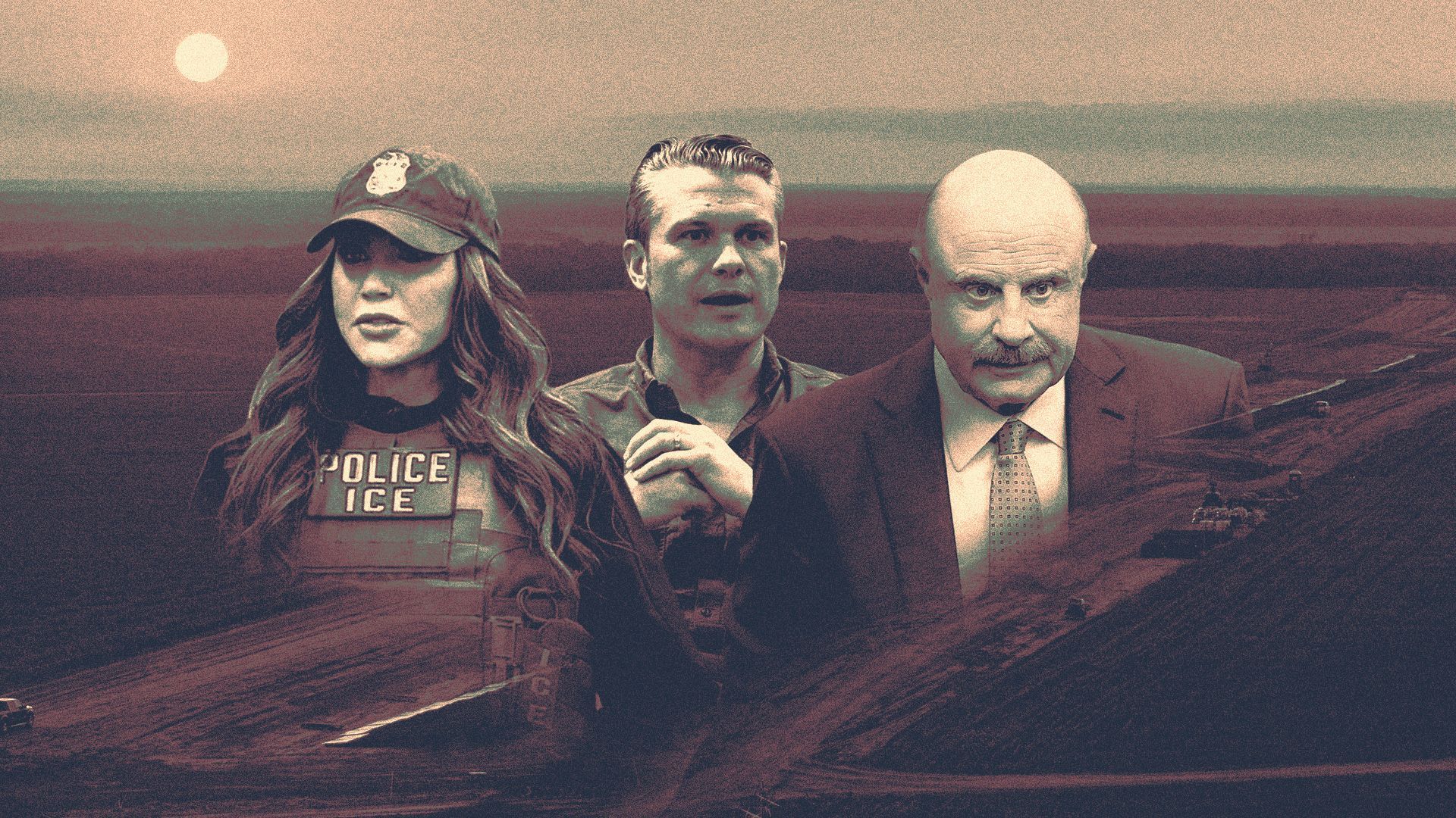 Photo illustration of a collage featuring Kristin Noem, Pete Hegseth and Phil McGraw, over a photo of the southern U.S. border.
