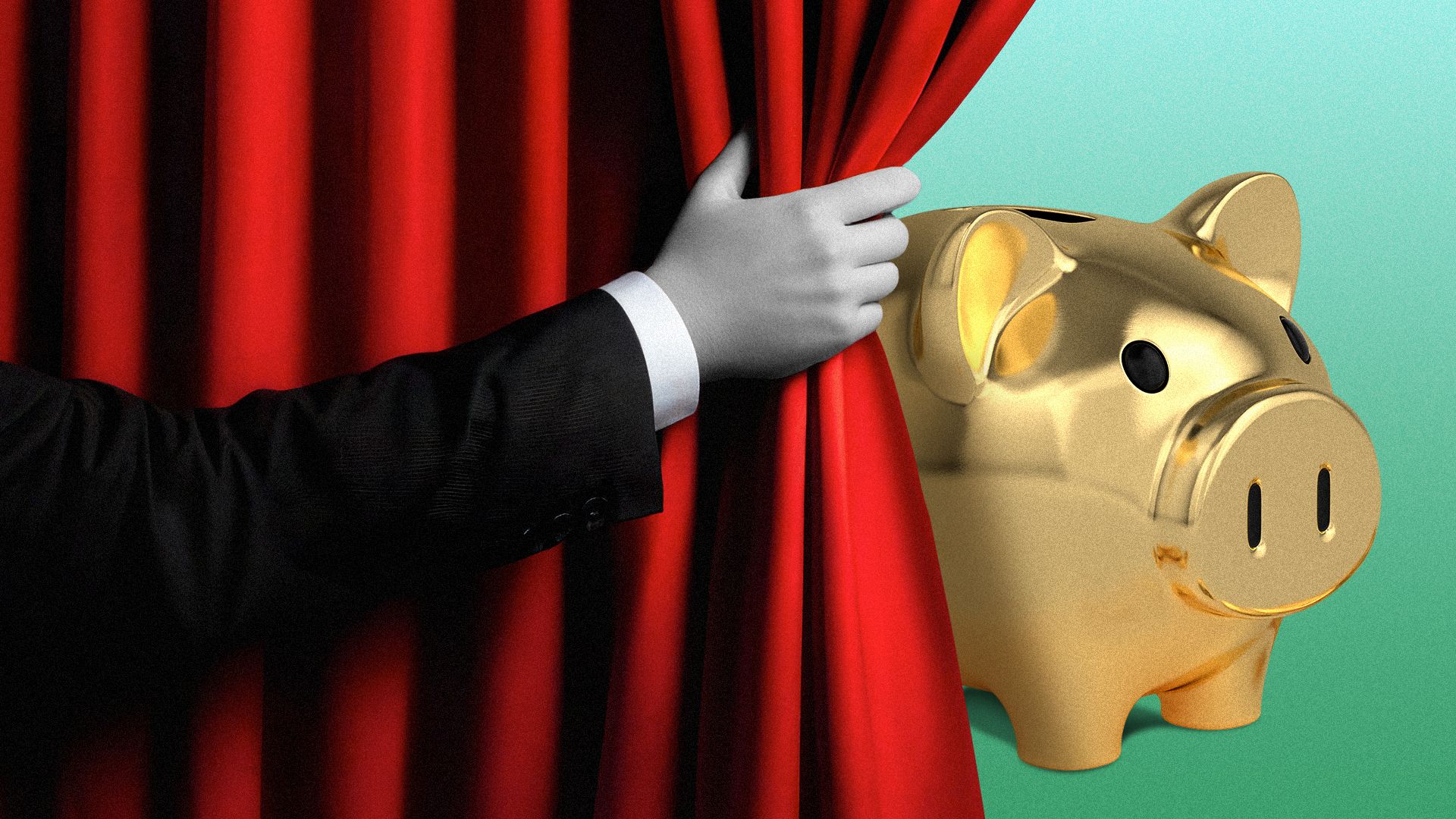Illustration of a hand in a black suit pulling back a red curtain to reveal a large golden piggy bank.