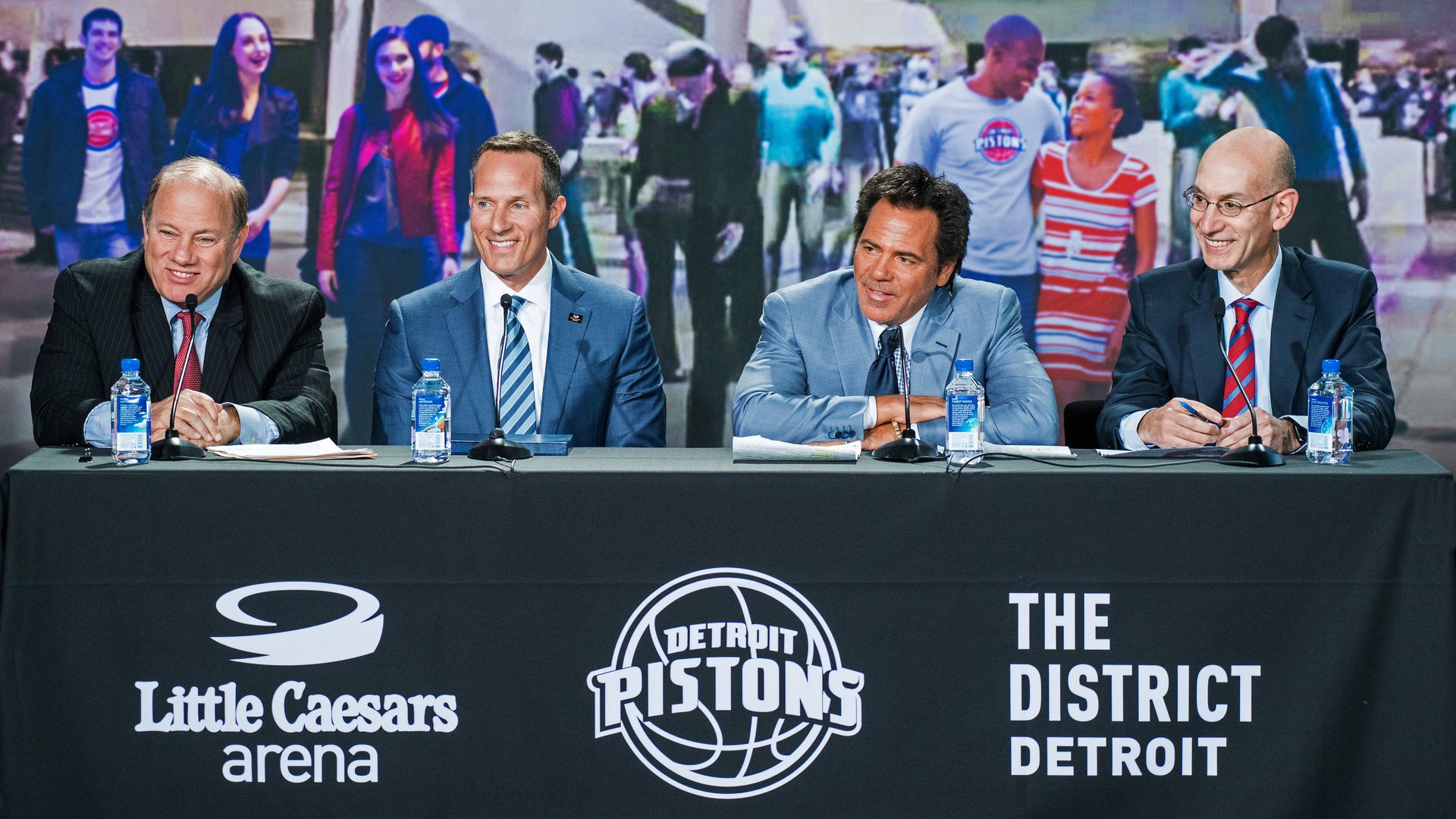 Mayor Mike Duggan, Red Wings/Tigers owner Chris Ilitch, Pistons owner Tom Gores and NBA commissioner Adam Silver.