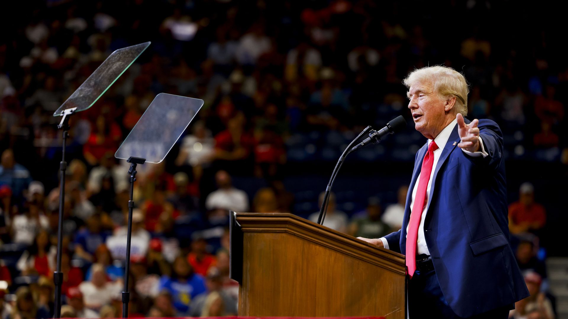 Republican presidential nominee, former U.S. President Donald Trump speaks at a rally at the Brick Breeden Fieldhouse at Montana State University on August 9, 2024 in Bozeman, Montana. 