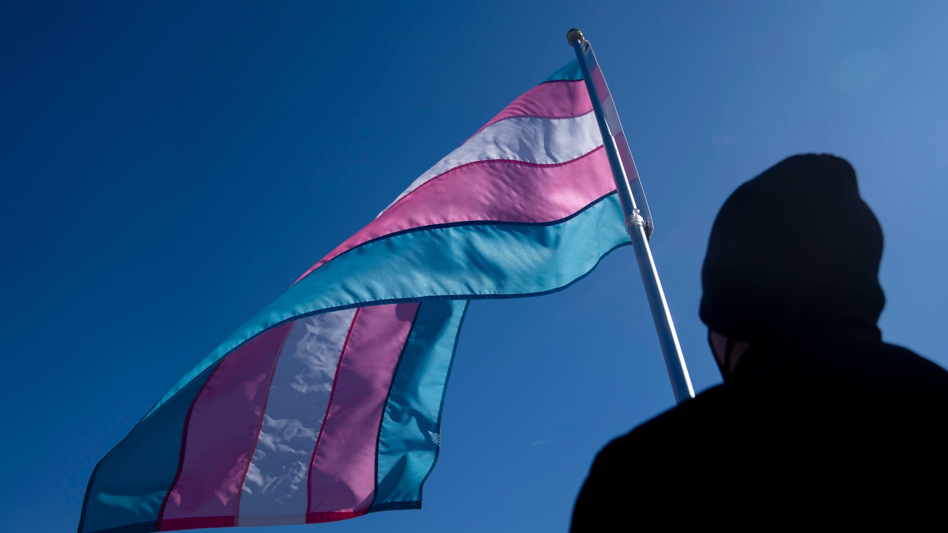 A demonstrator holds a transgender pride flag during a President's Day protest near the US Capitol in Washington, DC, US, on Monday, Feb. 17, 2025. 