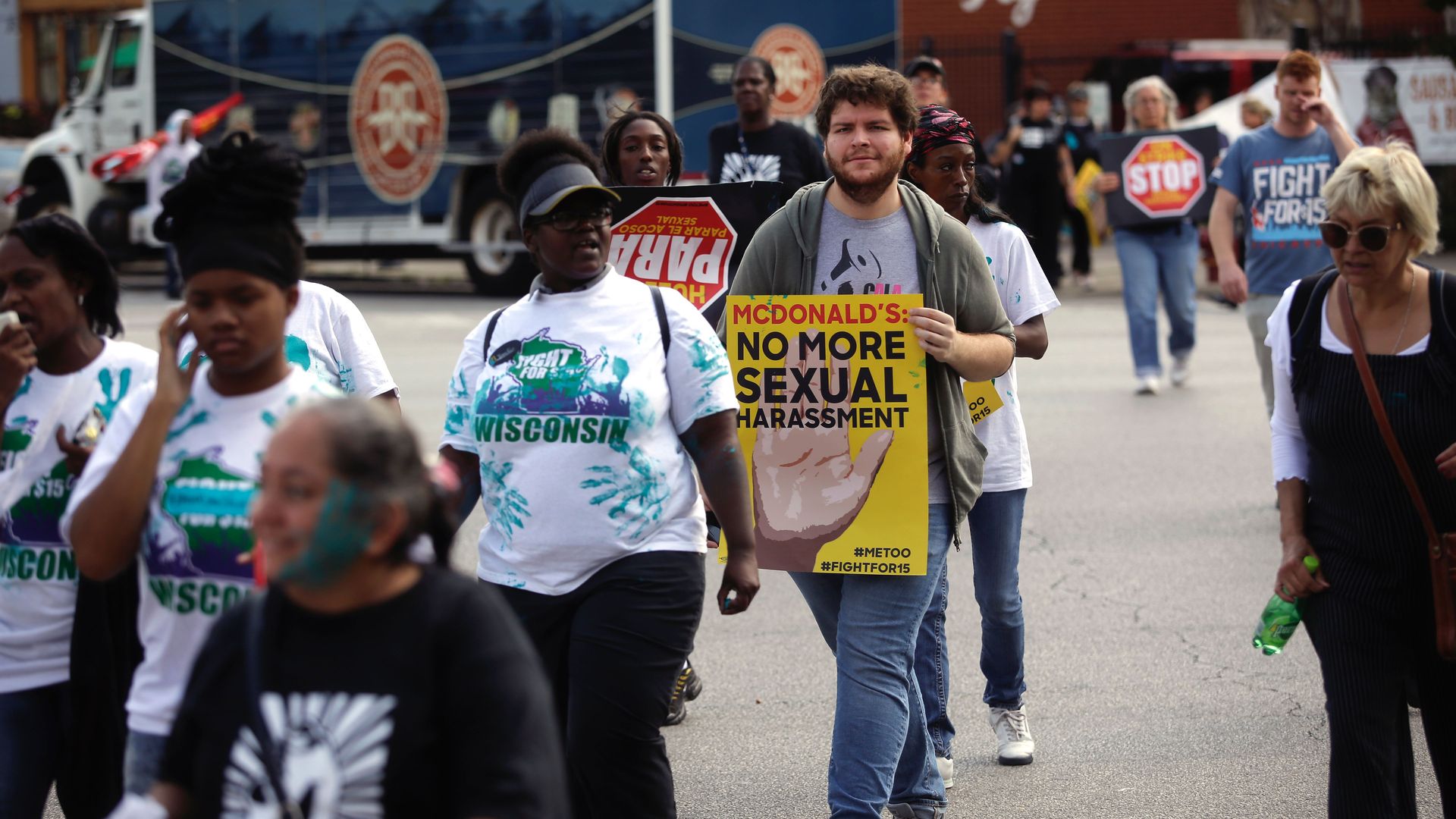 McDonalds employees and other fast food chain workers protest against sexual harassment in the workplace in Chicago, Illinois. Photo: Joshua Lott/AFP/Getty Images