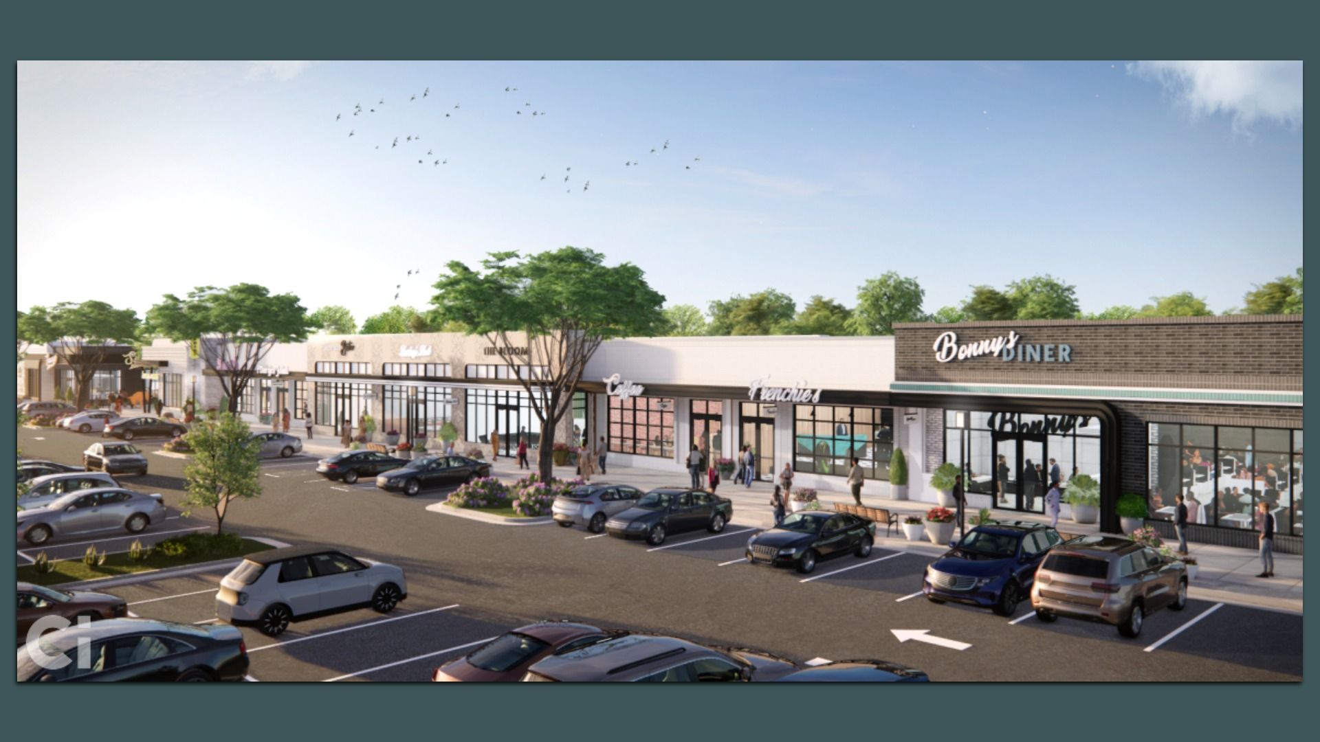 Shopping center with parked cars, trees, and people walking. Storefront signs include Bonny's Diner, Coffee, Frenchie's, and others under a clear blue sky with birds flying.