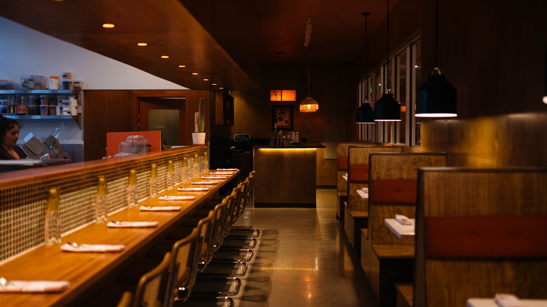 A swanky restaurant with soft wood.