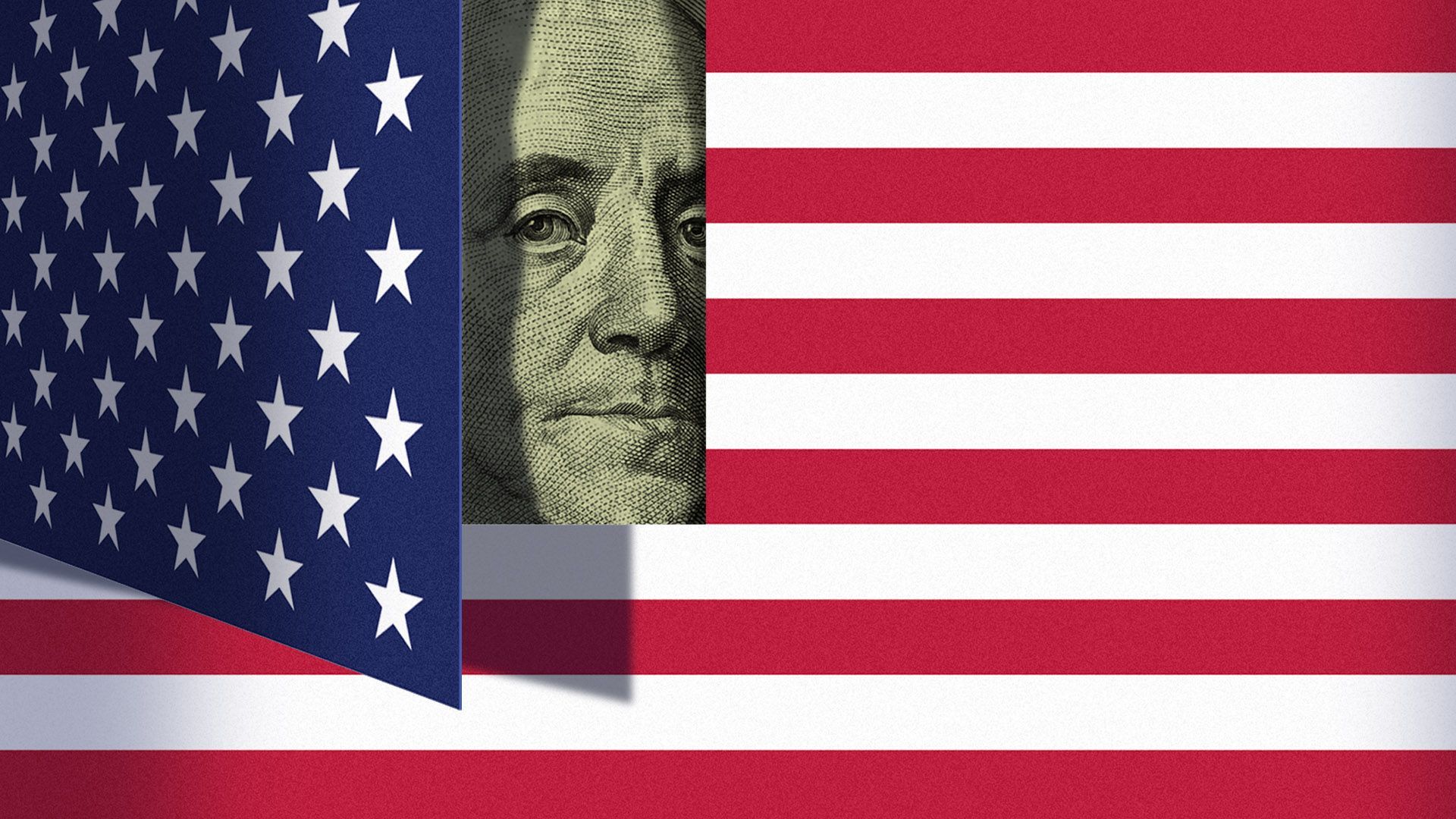 Illustration of Benjamin Franklin from a hundred dollar bill peaking out from behind an "open" American flag