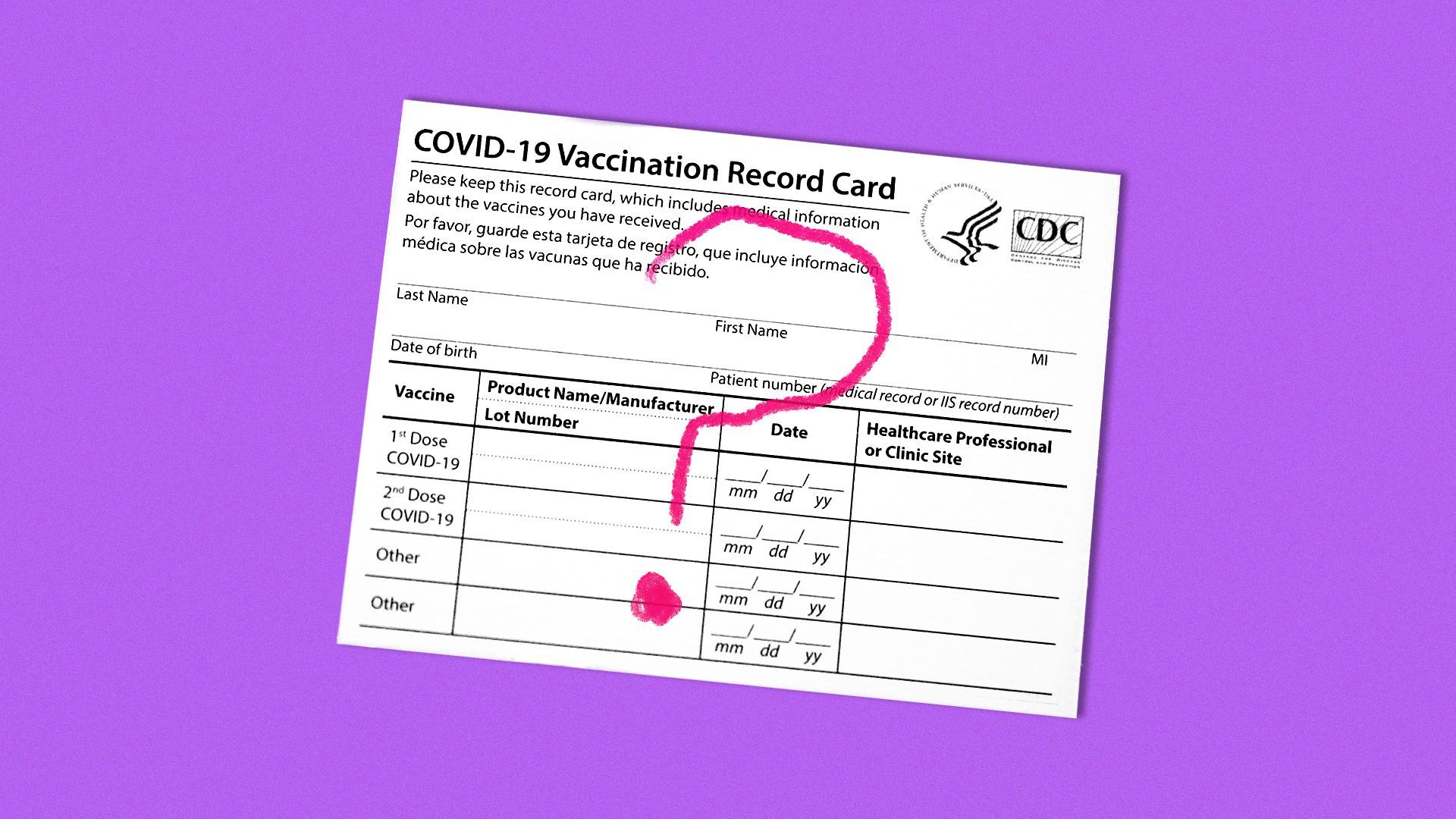 Illustration of a CDC Covid vaccine card with a big question mark drawn on in crayon.