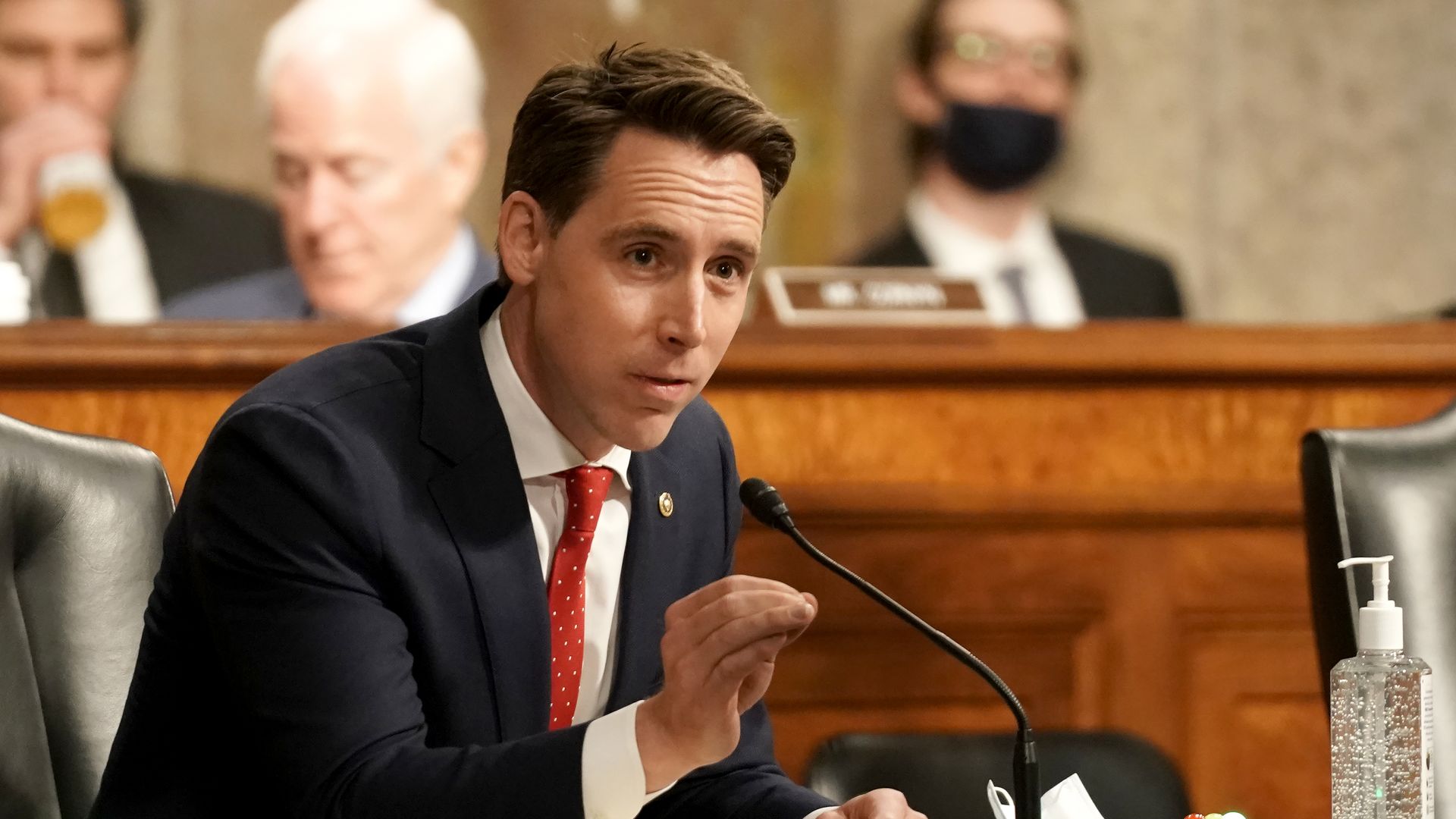 Sen. Josh Hawley asks a question at a Senate hearing.
