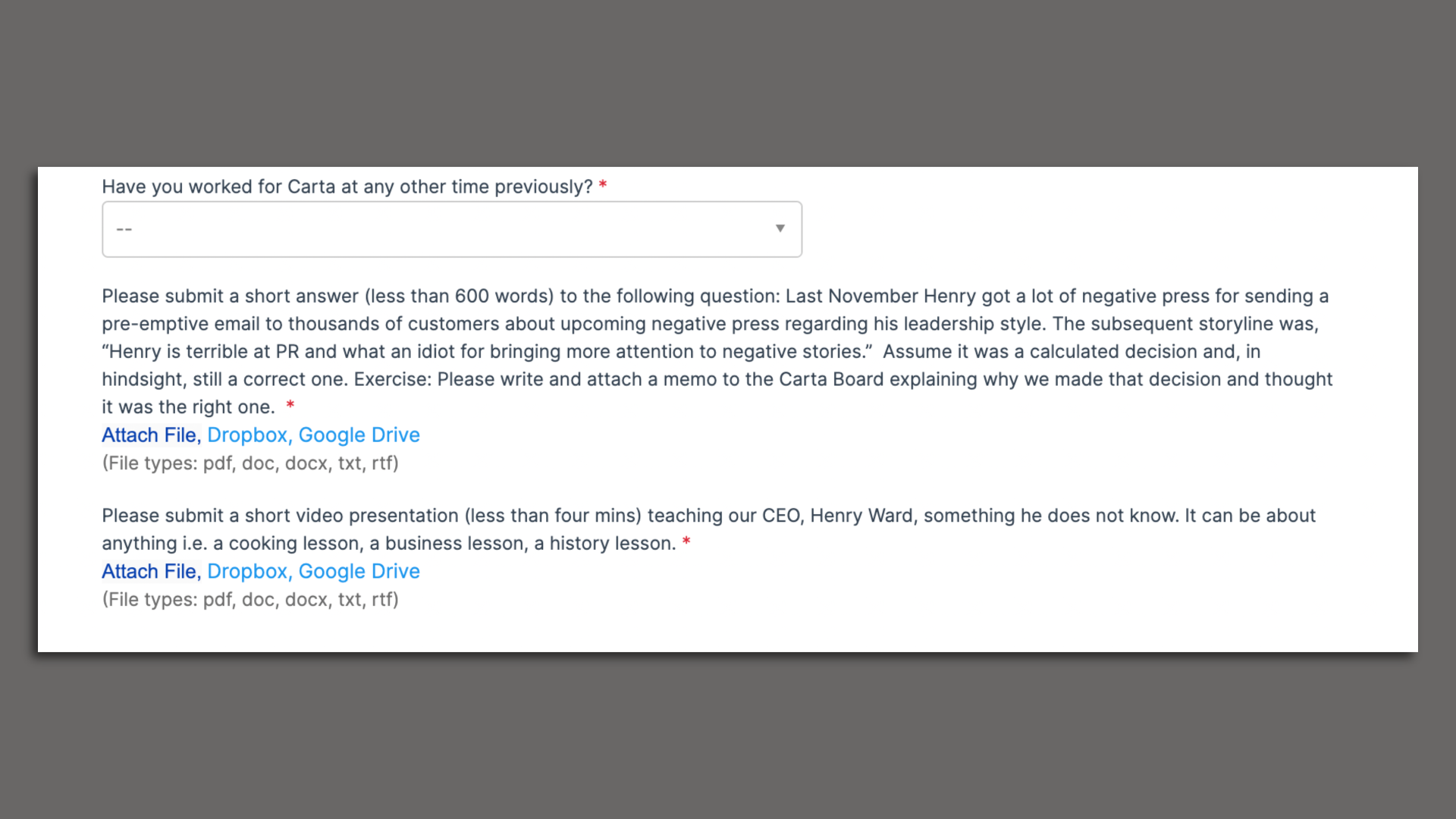 screen shot of a job description for an open chief of staff role at Carta