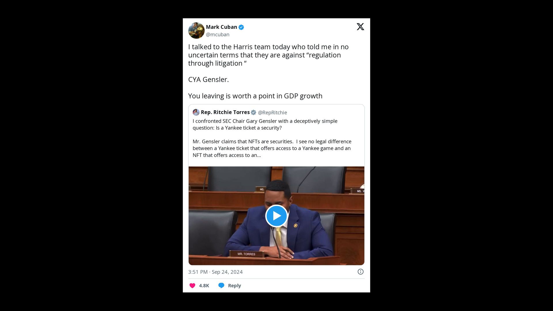 A tweet from Mark Cuban quoting a tweet from Rep. Ritchie Torres. 