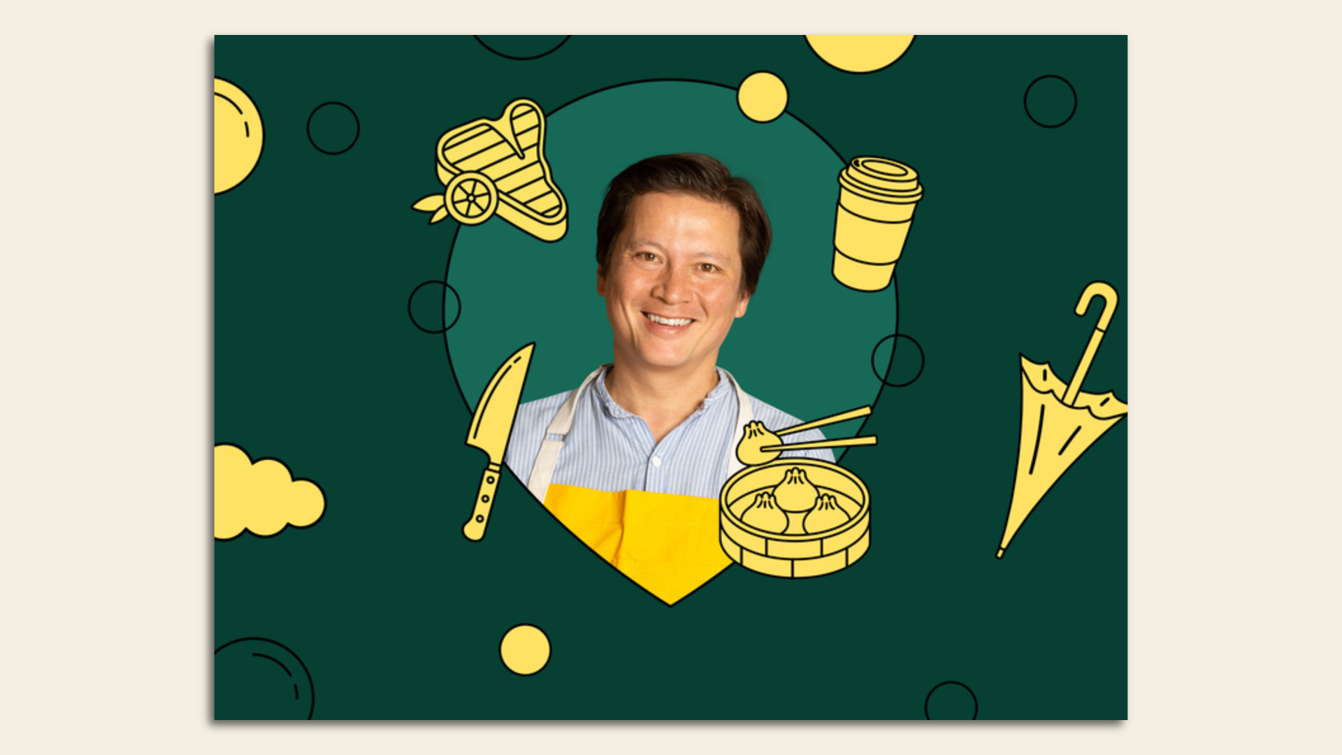 Photo of food writer J. Kenji Lopez-Alt among illustrations of food and kitchen tools.