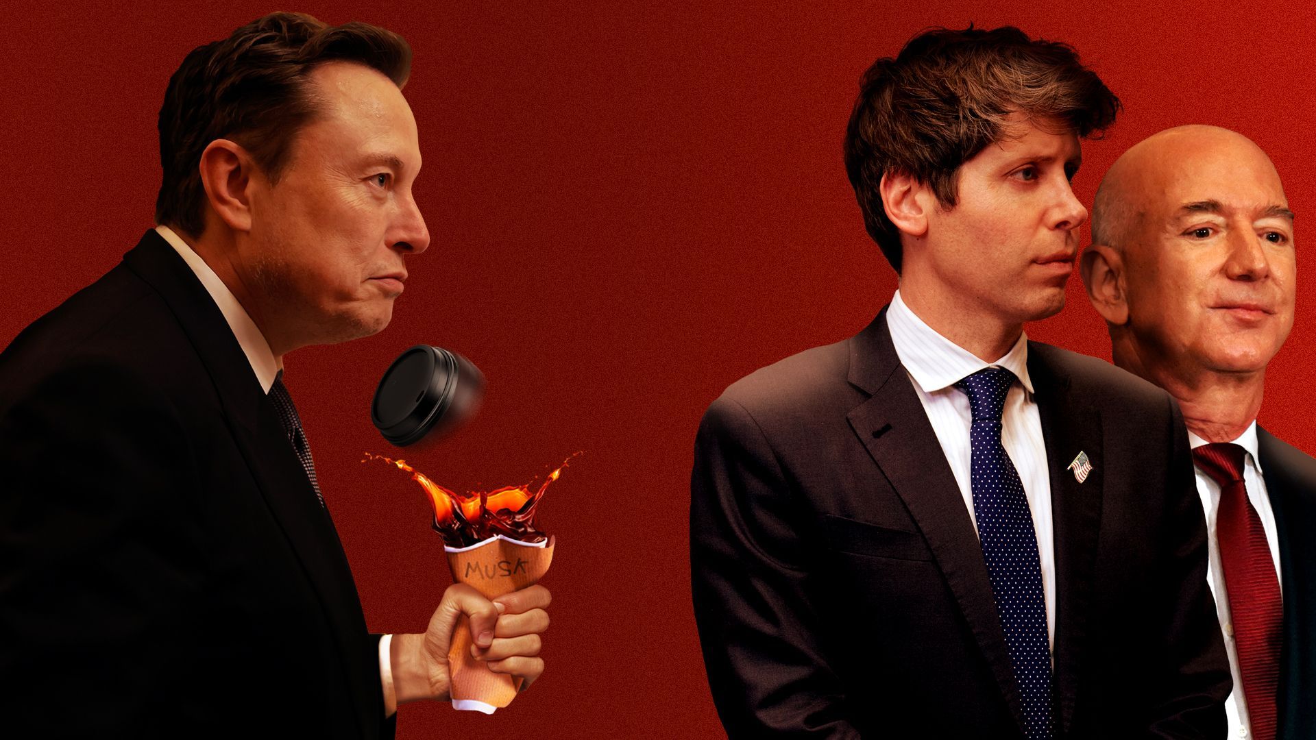 Photo illustration of Elon Musk crushing a cup on coffee as he looks on at Sam Altman and Jeff Bezos
