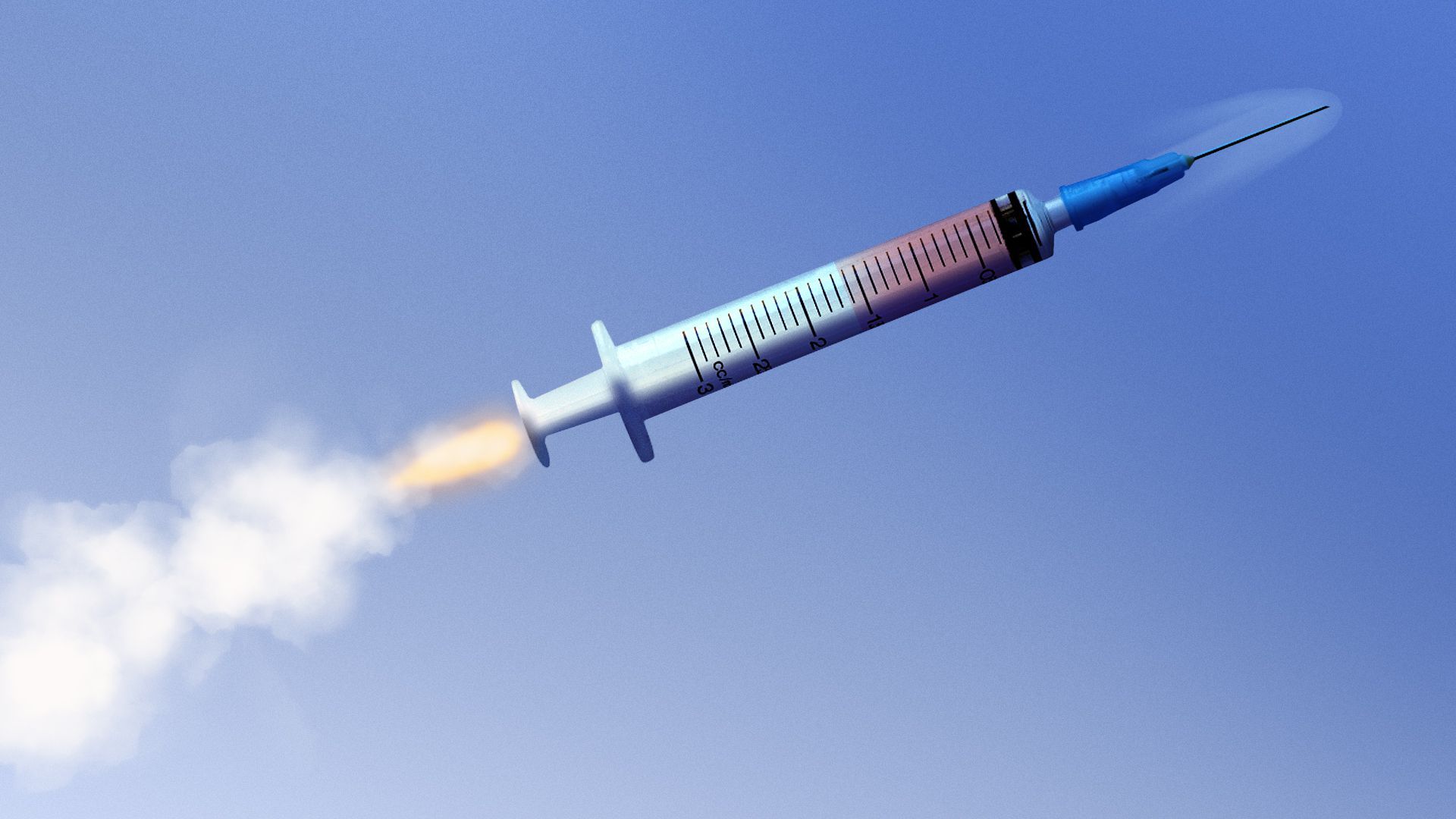 Illustration of a syringe as a rocket propelling through the atmosphere