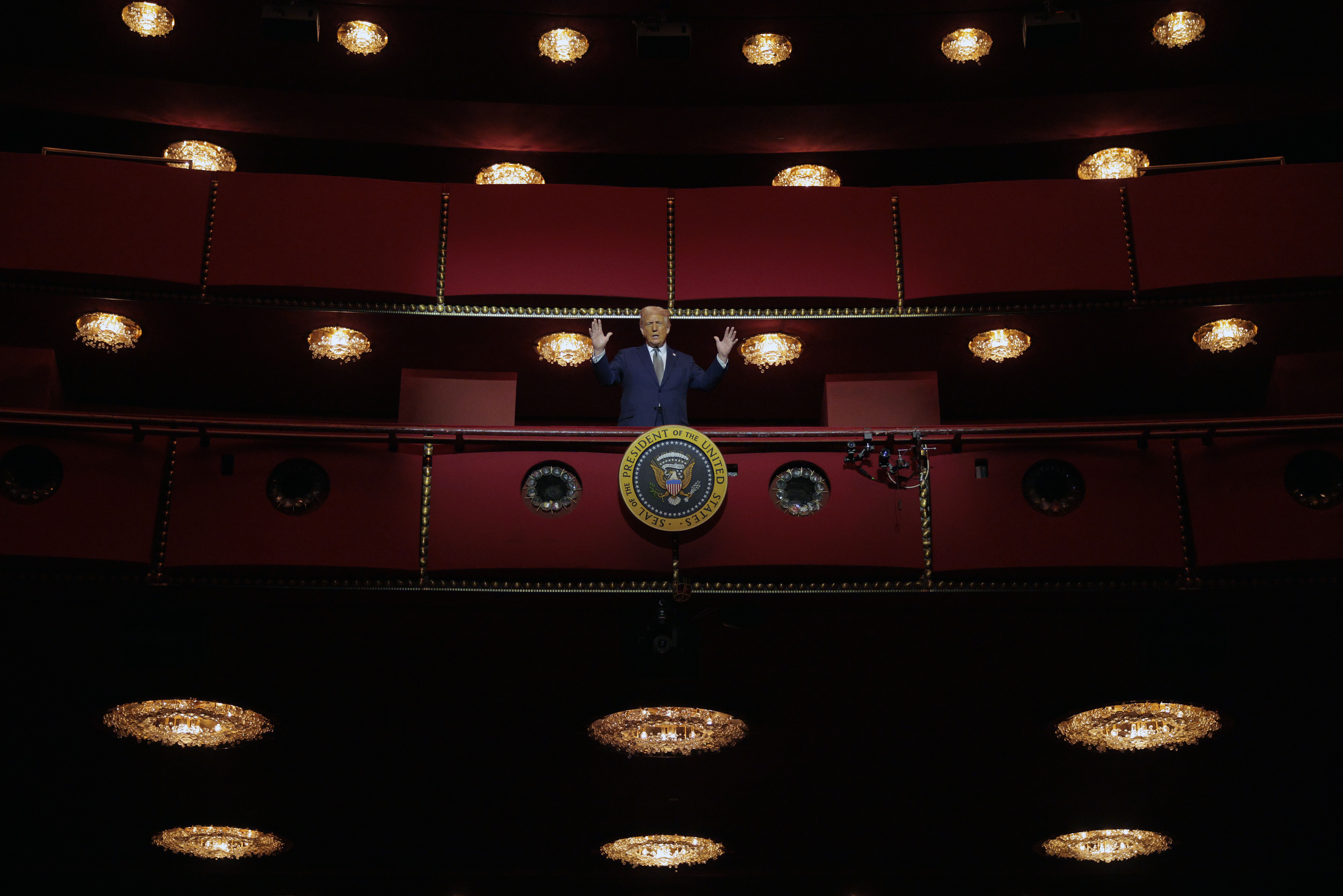 President Trump stands in the presidential box as he tours the Kennedy Center before a board meeting on Monday. Photo: Jim Watson/AFP via Getty Images