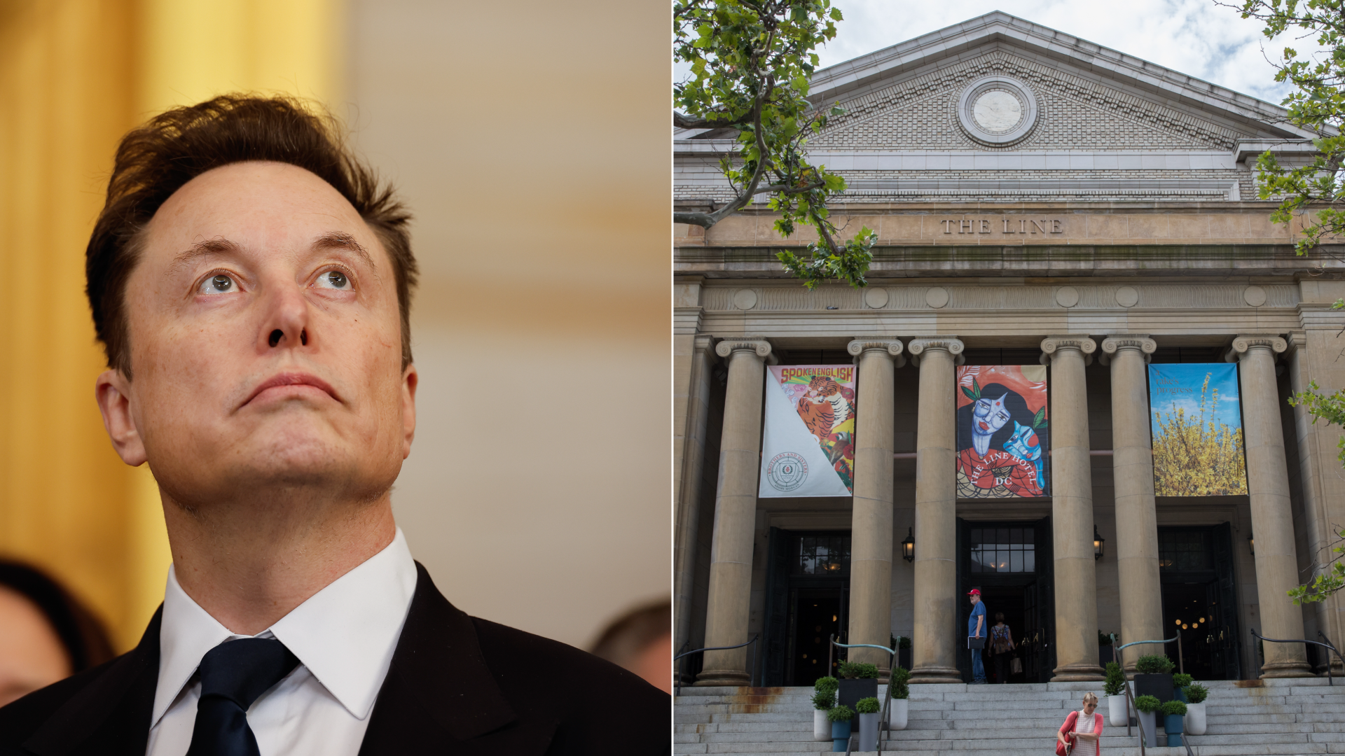 A portrait of Elon Musk stitched in a photo collage next to a picture of The Line hotel